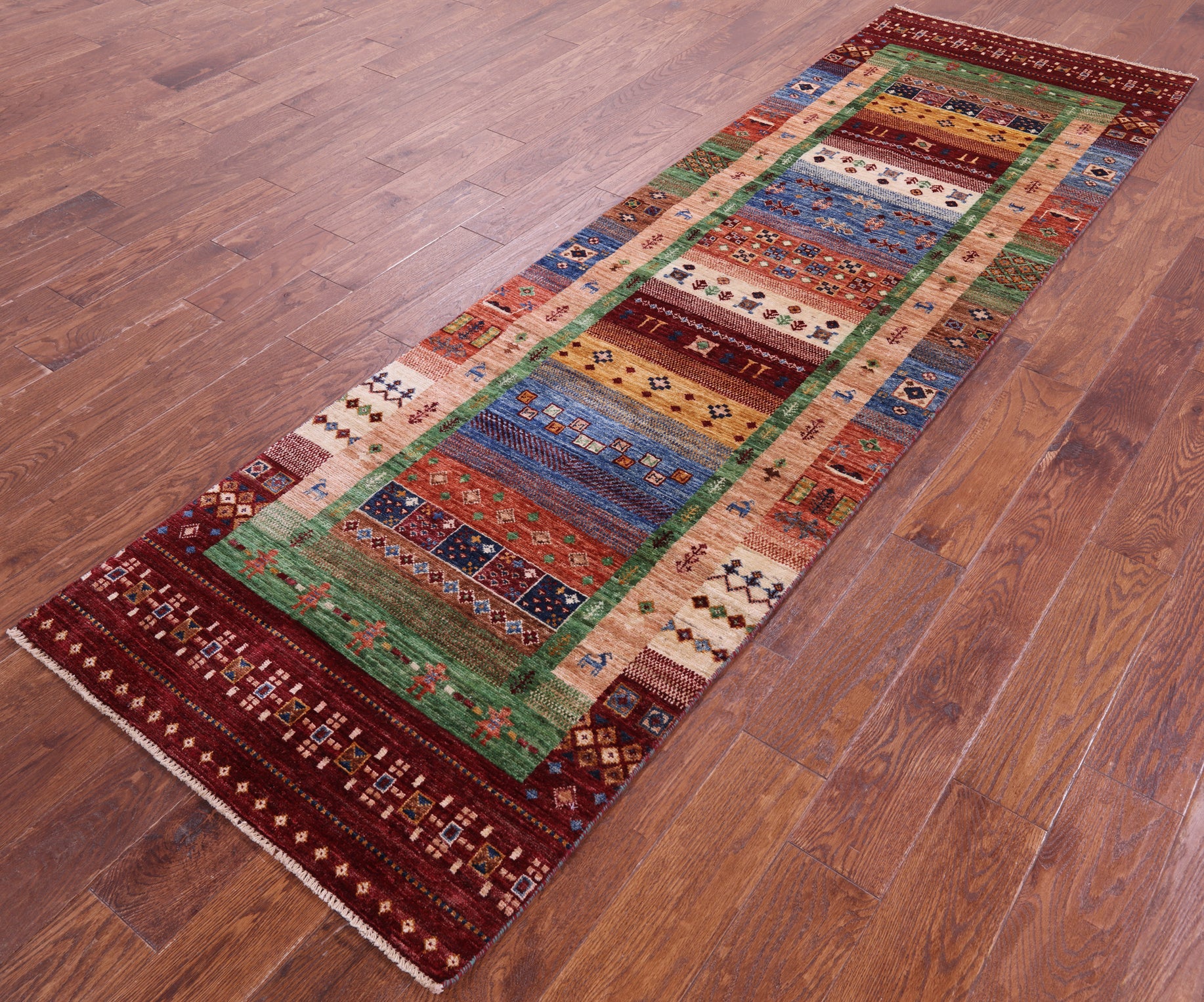 Tribal Persian Gabbeh Hand Knotted Wool Runner Rug - 2' 9" X 9' 6" - Golden Nile