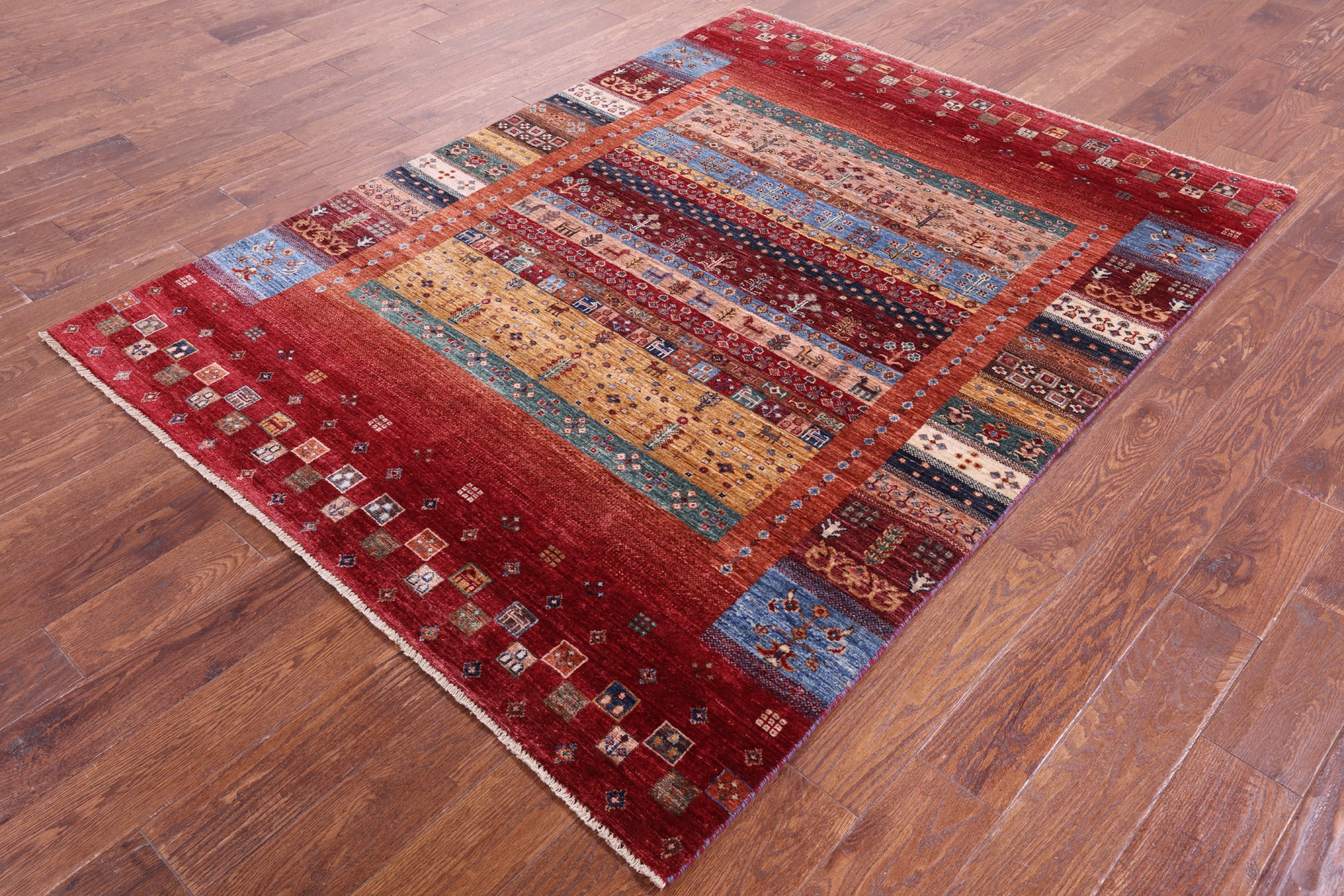 Tribal Persian Gabbeh Hand Knotted Wool Rug - 5' 1" X 6' 9" - Golden Nile