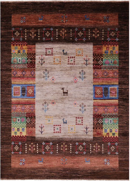 Brown Tribal Persian Gabbeh Hand Knotted Wool Rug - 5' 8" X 7' 10" - Golden Nile