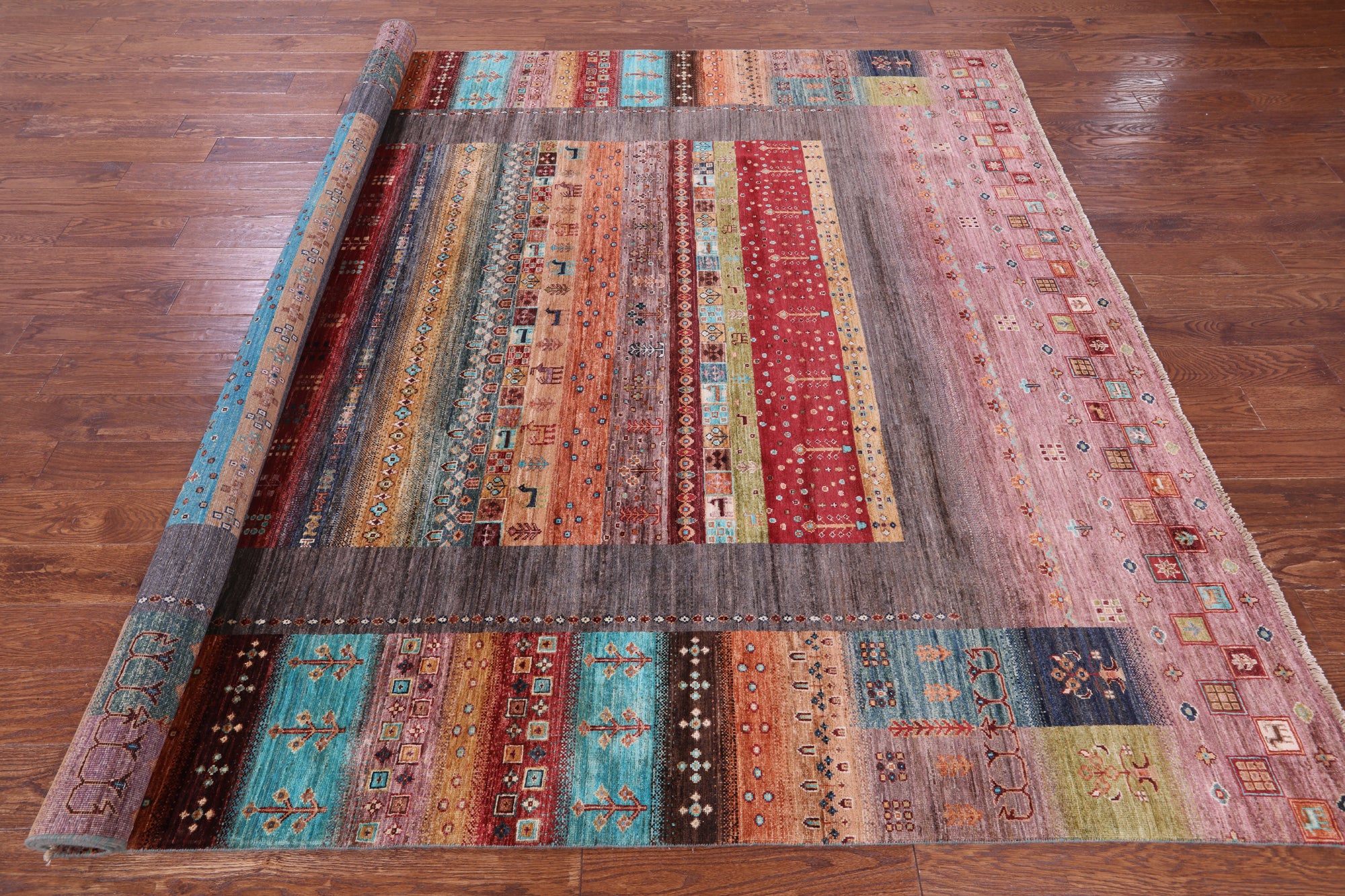 Tribal Persian Gabbeh Hand Knotted Wool Rug - 8' 1" X 9' 9" - Golden Nile