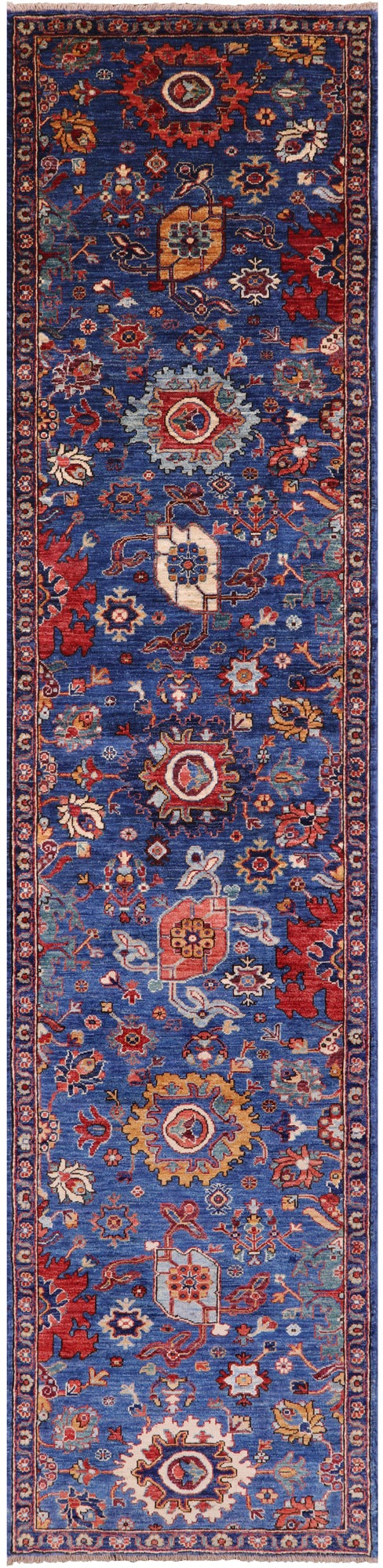 Blue Persian Fine Serapi Hand Knotted Wool Runner Rug - 2' 8" X 11' 8" - Golden Nile