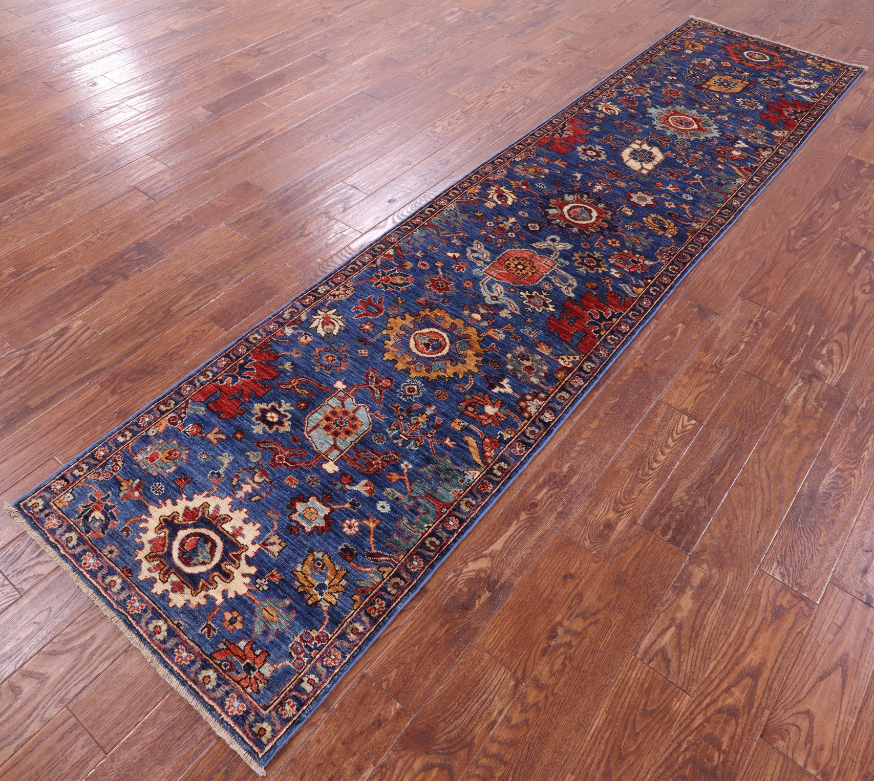 Blue Persian Fine Serapi Hand Knotted Wool Runner Rug - 2' 8" X 11' 8" - Golden Nile