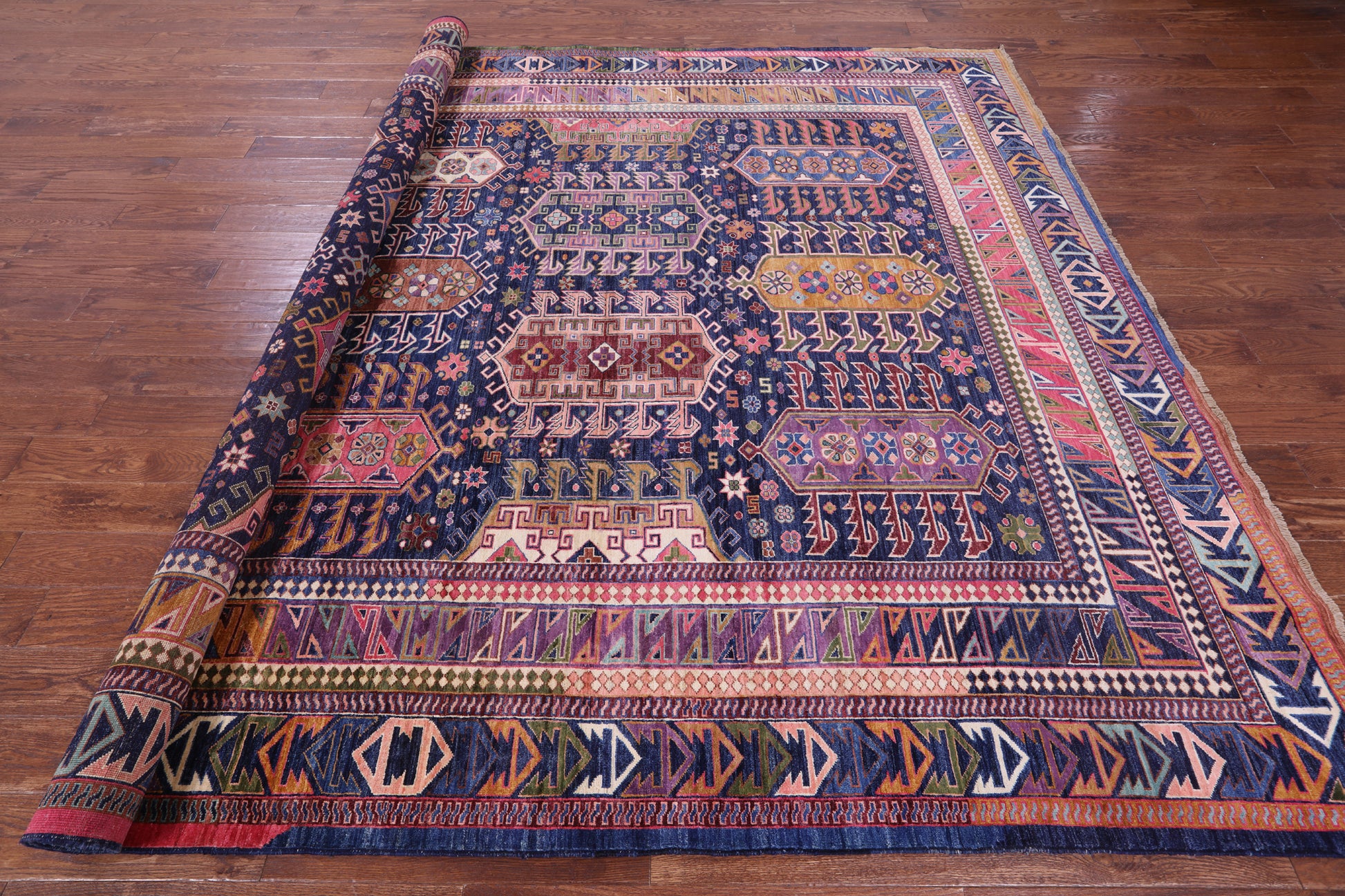 Blue Persian Fine Serapi Handmade Wool Rug - 9' 1" X 11' 9" - Golden Nile