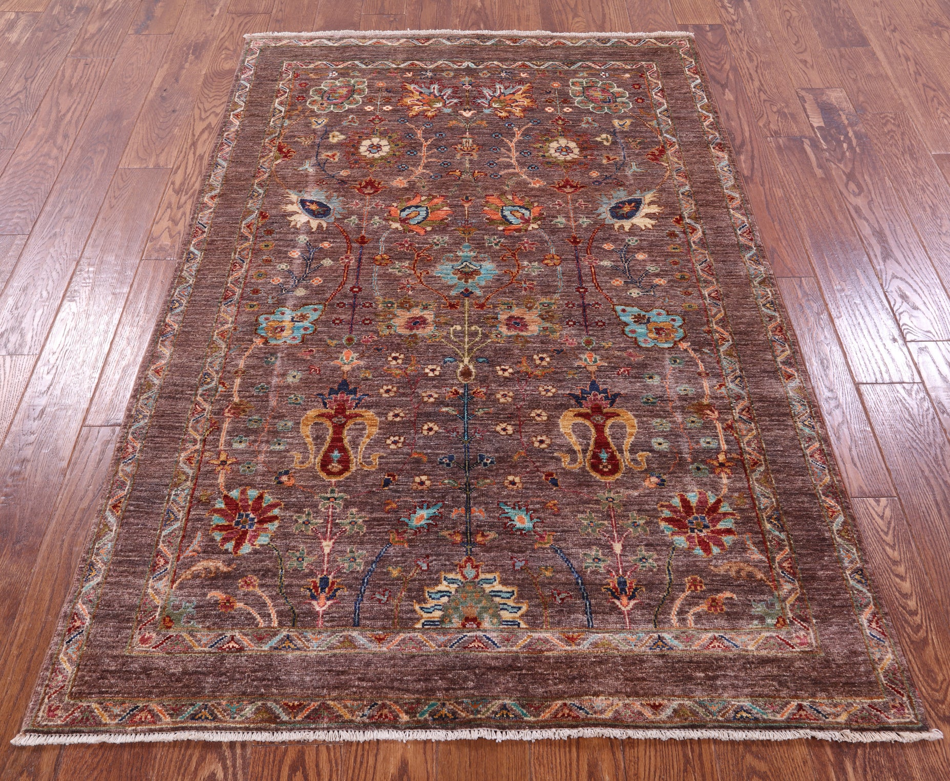 Brown Peshawar Handmade Wool Rug - 4' 1" X 6' 1" - Golden Nile