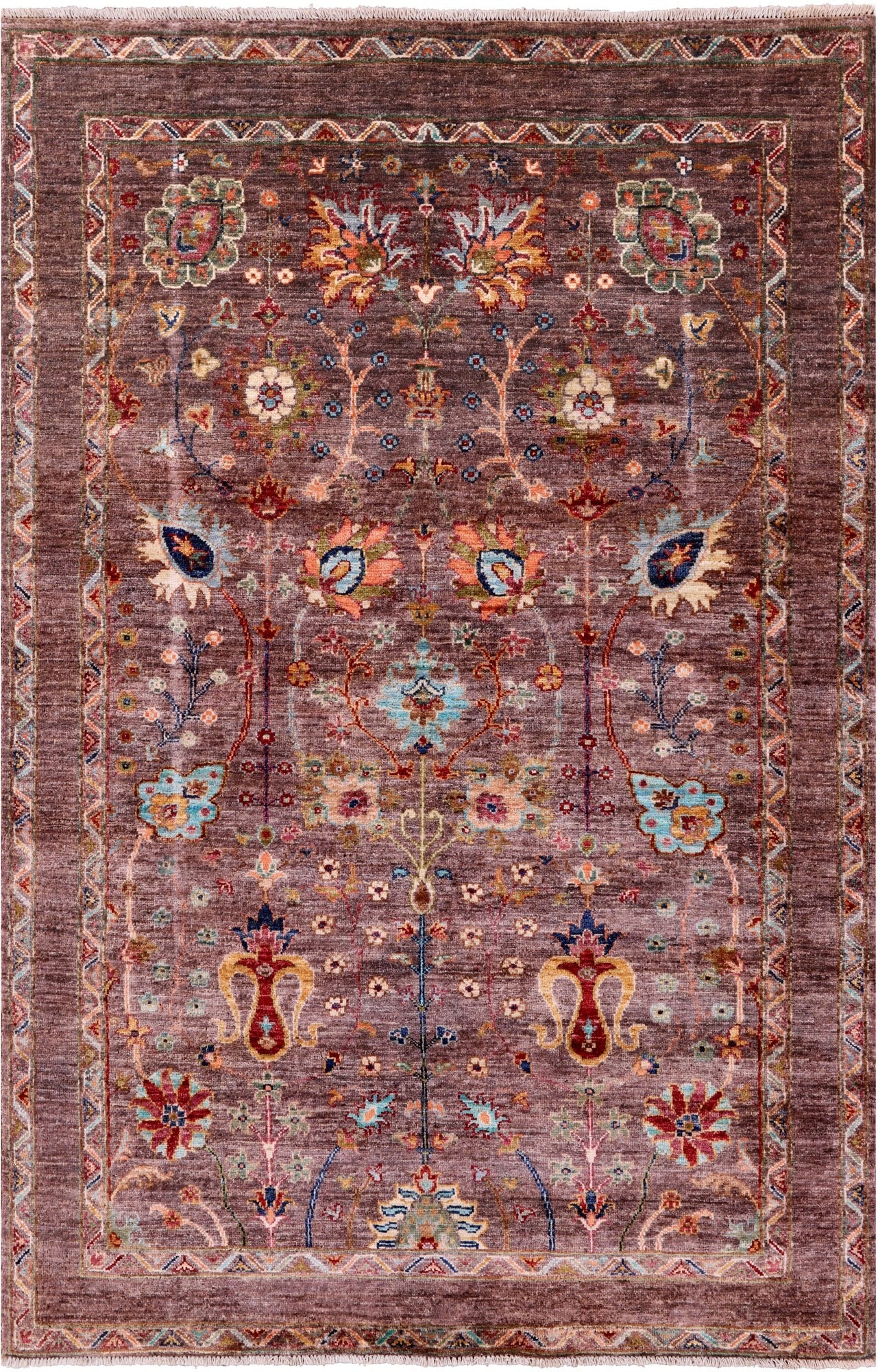 Brown Peshawar Handmade Wool Rug - 4' 1" X 6' 1" - Golden Nile