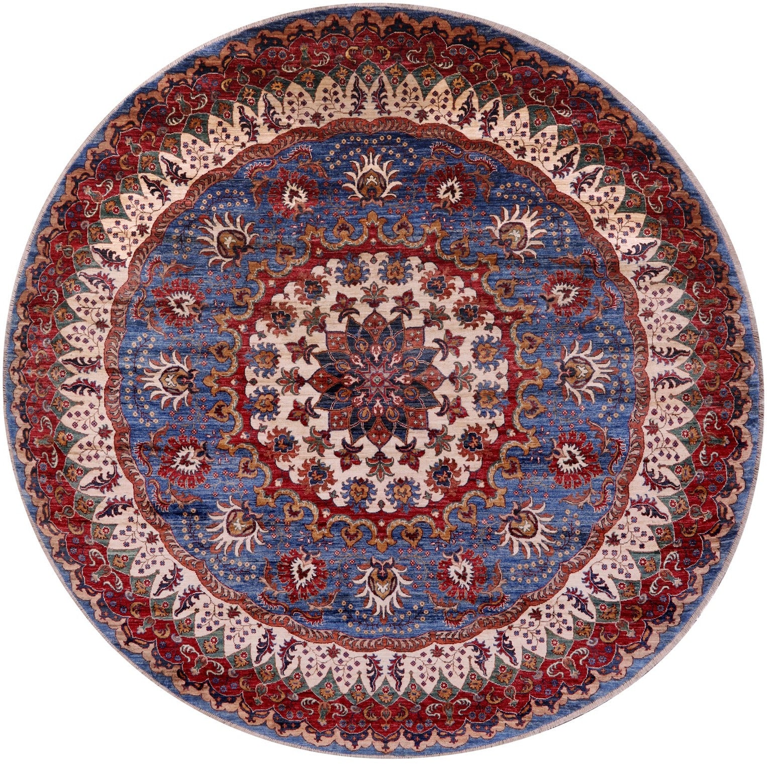 Blue Round Persian Fine Serapi Hand Knotted Wool Rug - 8' 8" X 8' 9" - Golden Nile