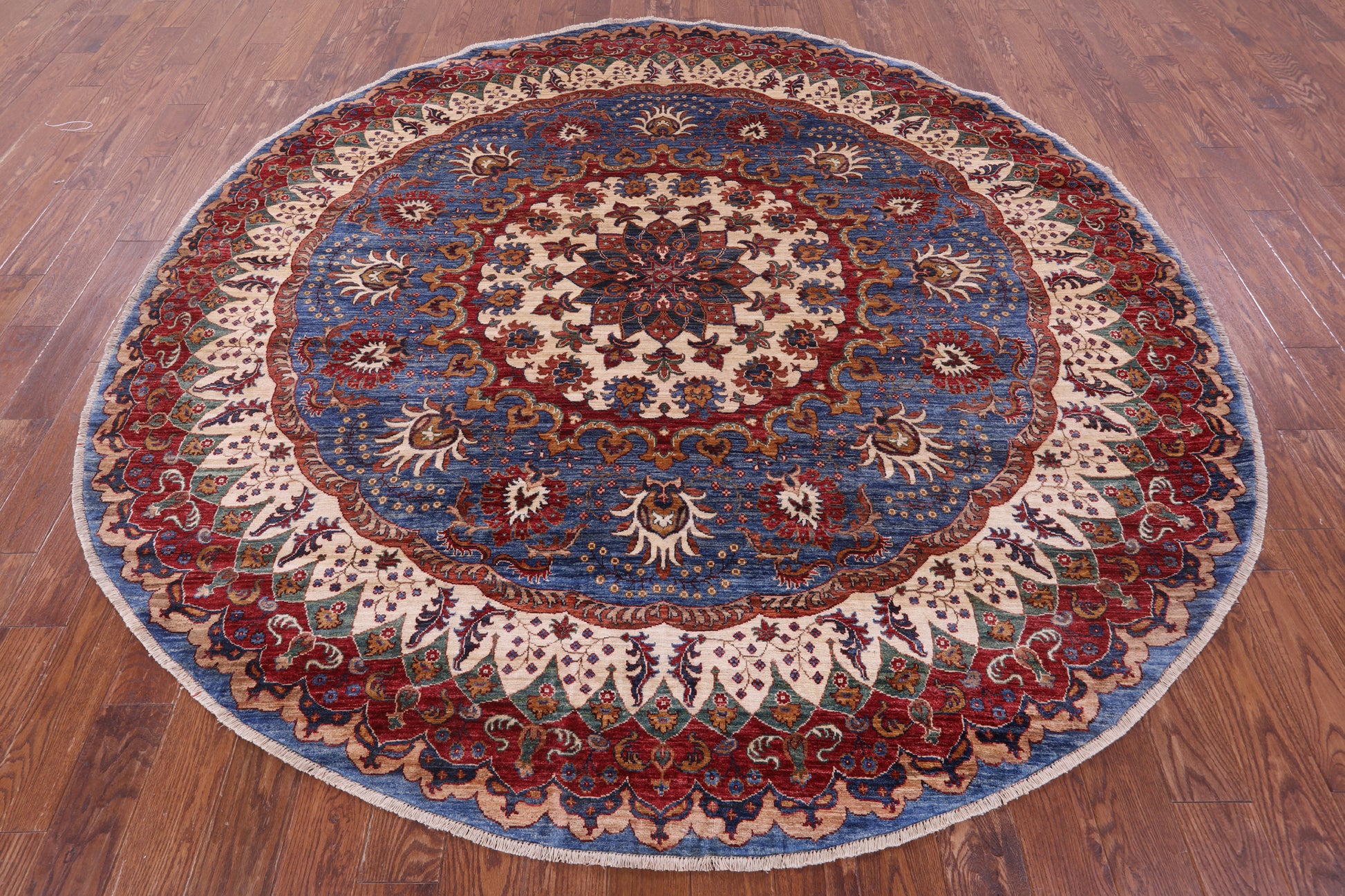 Blue Round Persian Fine Serapi Hand Knotted Wool Rug - 8' 8" X 8' 9" - Golden Nile