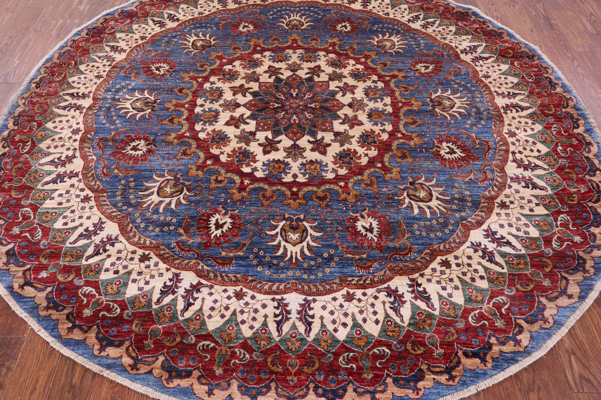 Blue Round Persian Fine Serapi Hand Knotted Wool Rug - 8' 8" X 8' 9" - Golden Nile