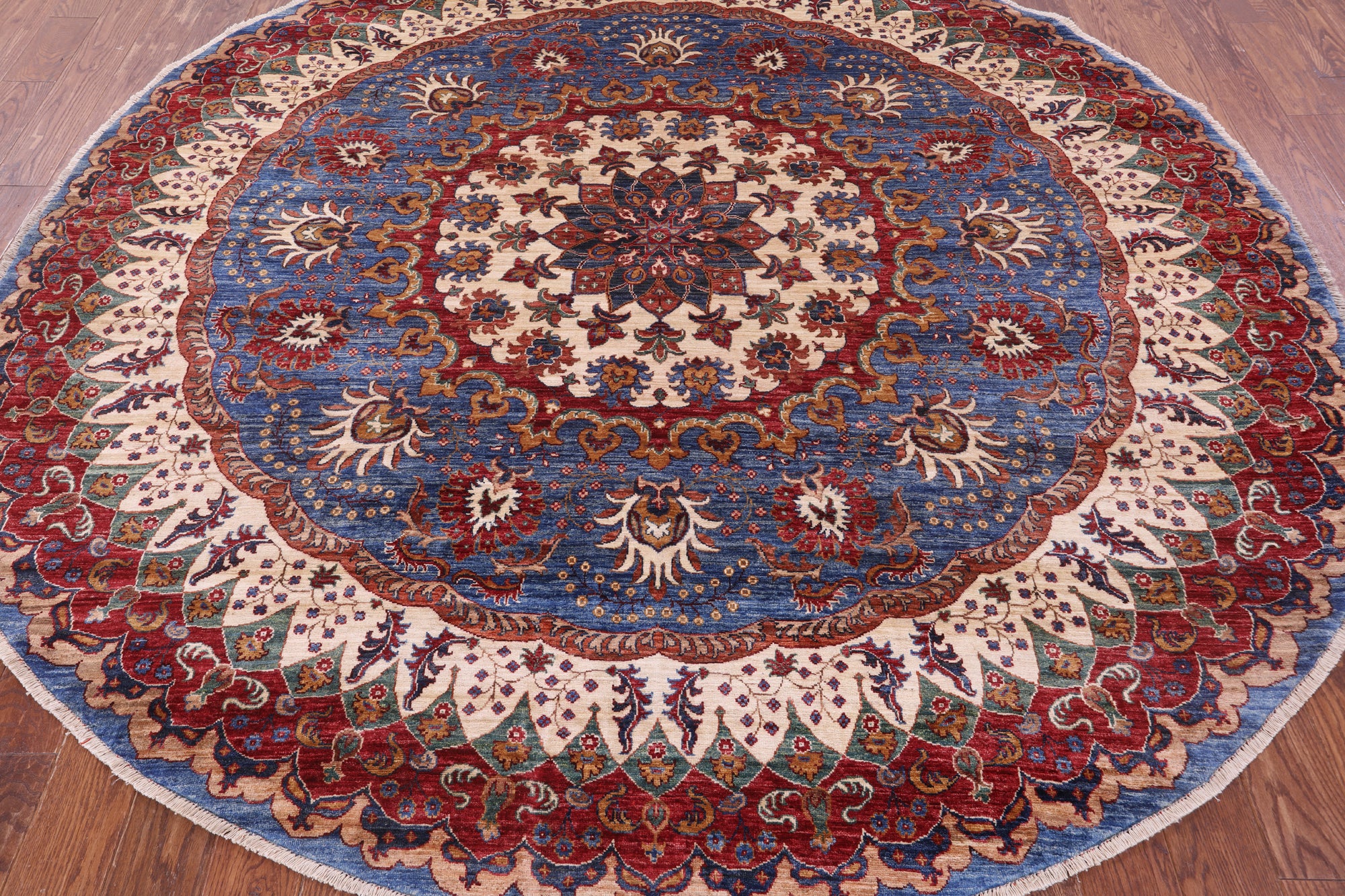 Blue Round Persian Fine Serapi Hand Knotted Wool Rug - 8' 8" X 8' 9" - Golden Nile