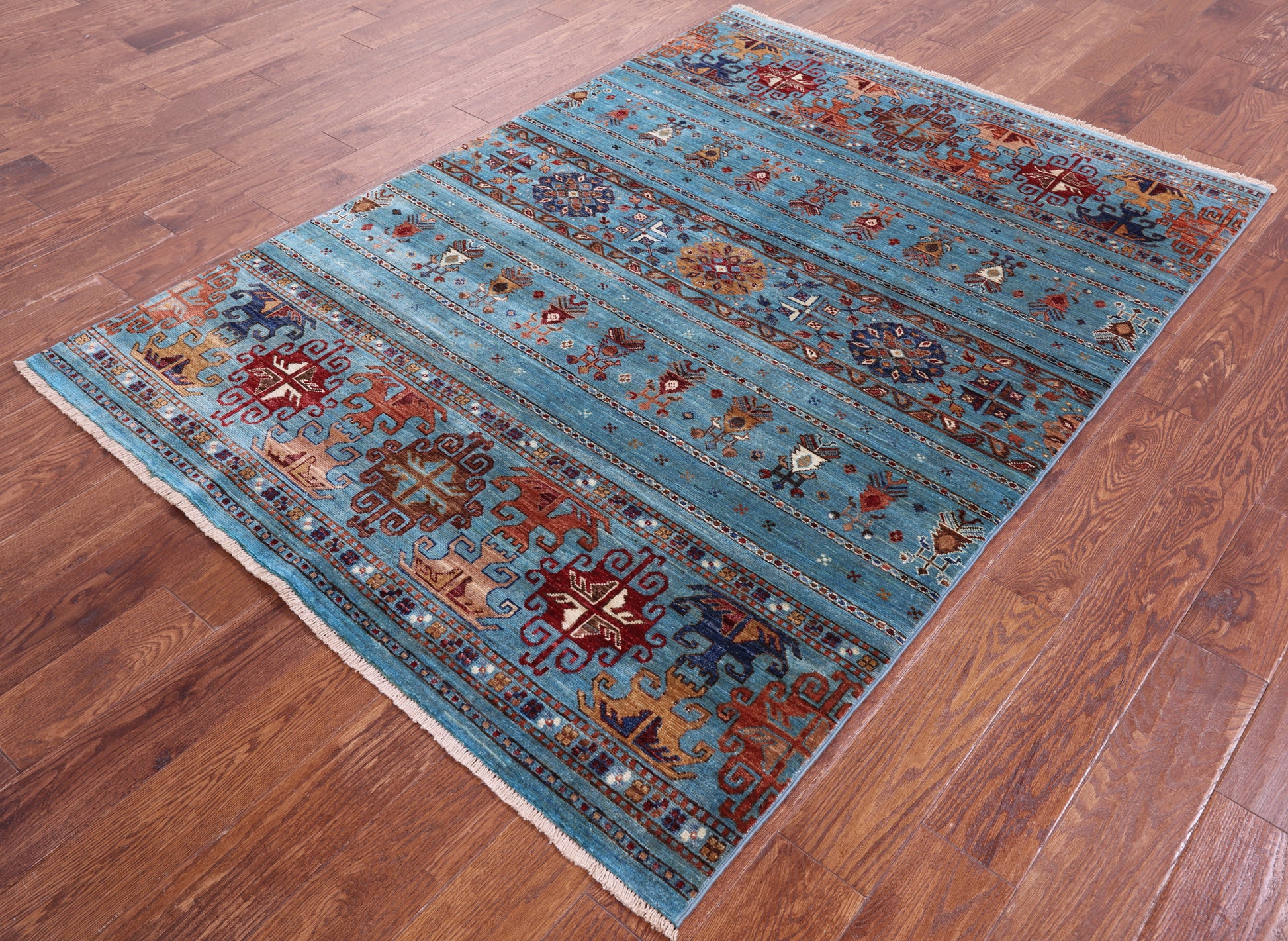 Blue Khorjin Persian Gabbeh Hand Knotted Wool Rug - 4' 10" X 6' 9" - Golden Nile