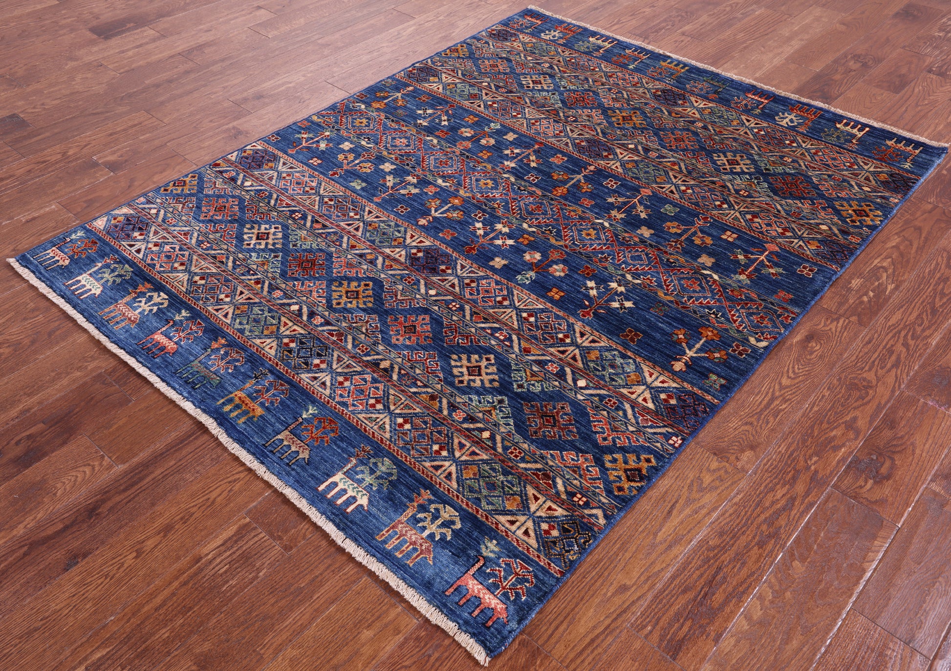 Blue Tribal Persian Gabbeh Handmade Wool Rug - 4' 11" X 6' 7" - Golden Nile
