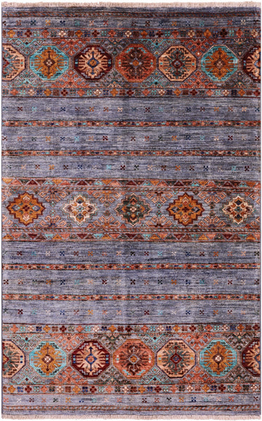 Grey Khorjin Persian Gabbeh Hand Knotted Wool Rug - 3' 4" X 5' 2" - Golden Nile