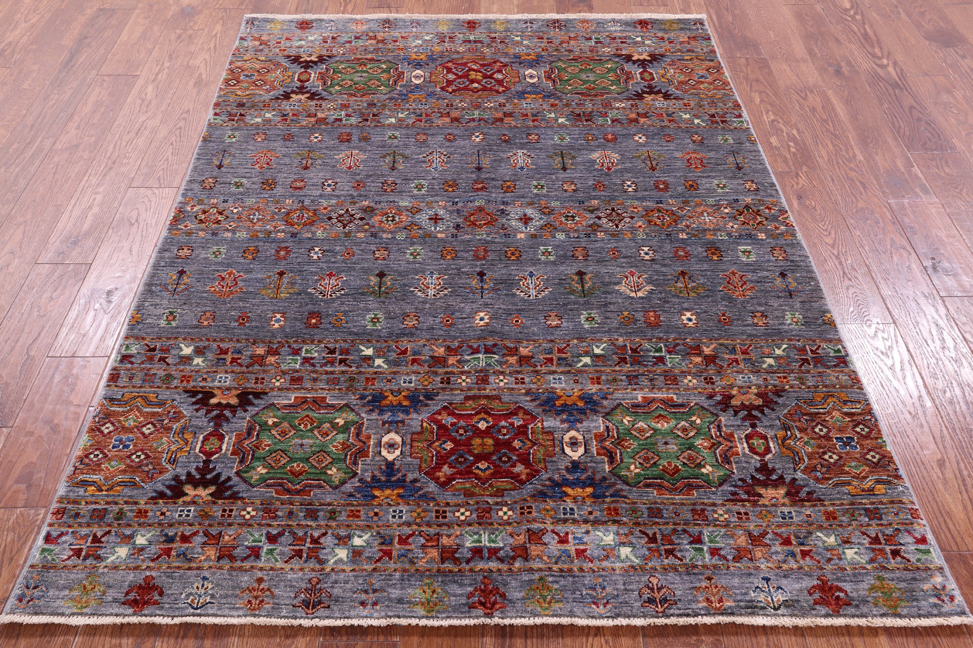 Grey Khorjin Persian Gabbeh Hand Knotted Wool Rug - 5' 0" X 6' 7" - Golden Nile