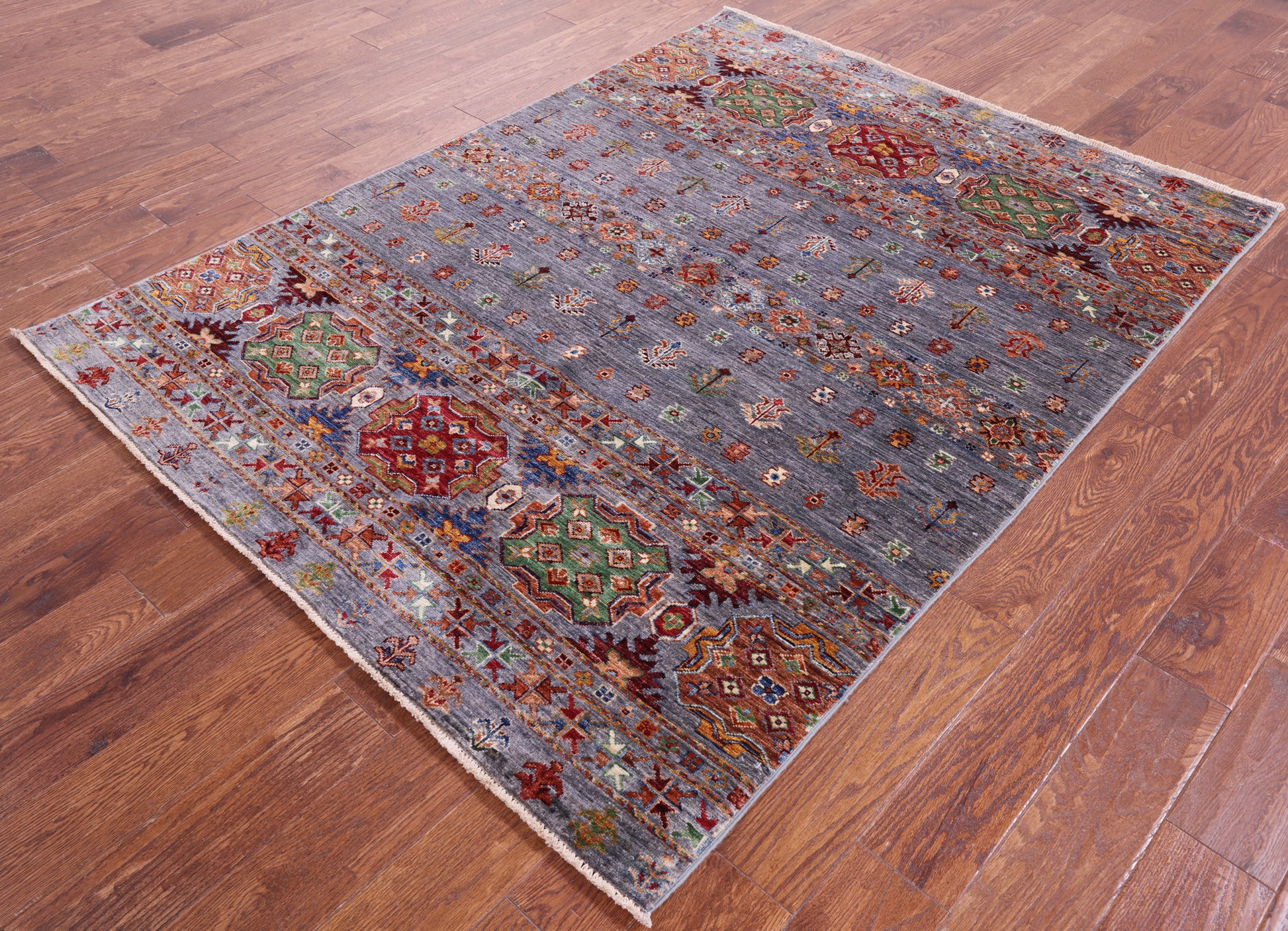 Grey Khorjin Persian Gabbeh Hand Knotted Wool Rug - 5' 0" X 6' 7" - Golden Nile
