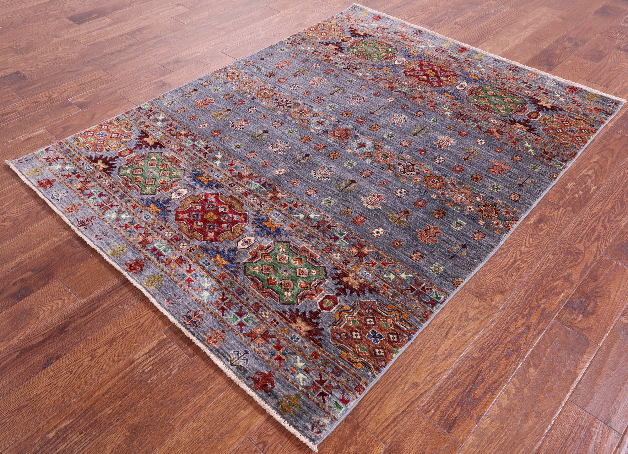 Grey Khorjin Persian Gabbeh Hand Knotted Wool Rug - 5' 0" X 6' 7" - Golden Nile