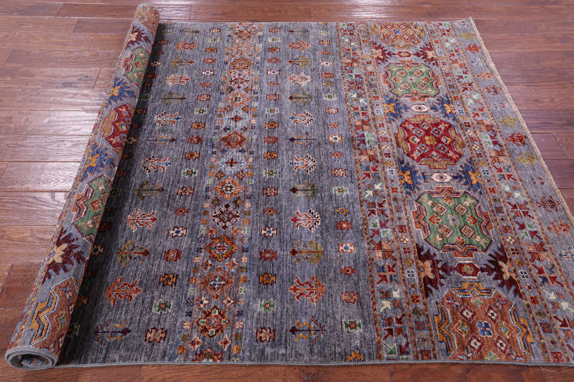 Grey Khorjin Persian Gabbeh Hand Knotted Wool Rug - 5' 0" X 6' 7" - Golden Nile
