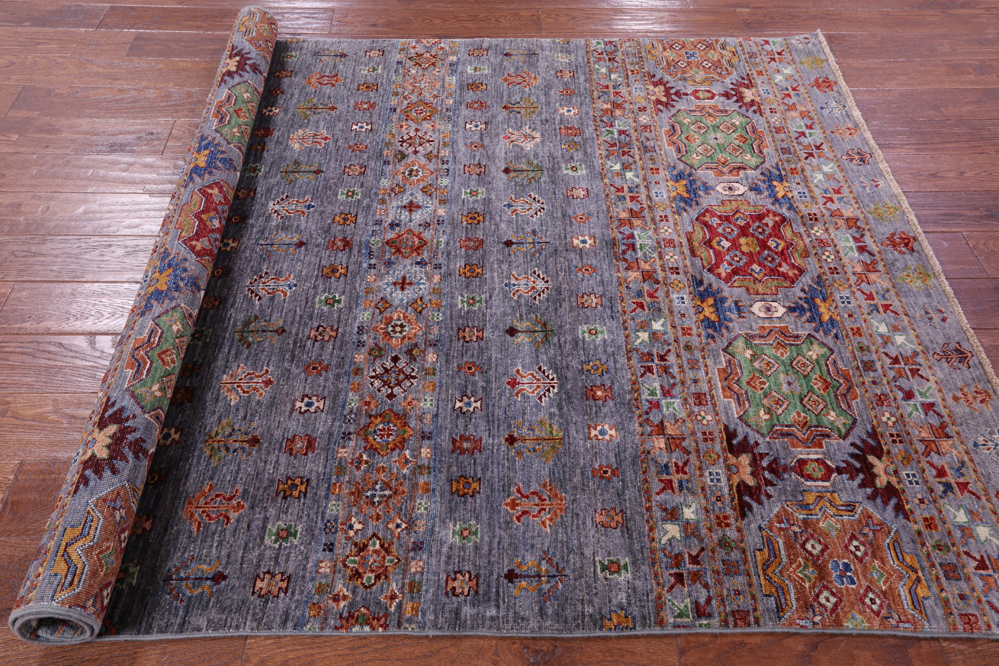 Grey Khorjin Persian Gabbeh Hand Knotted Wool Rug - 5' 0" X 6' 7" - Golden Nile