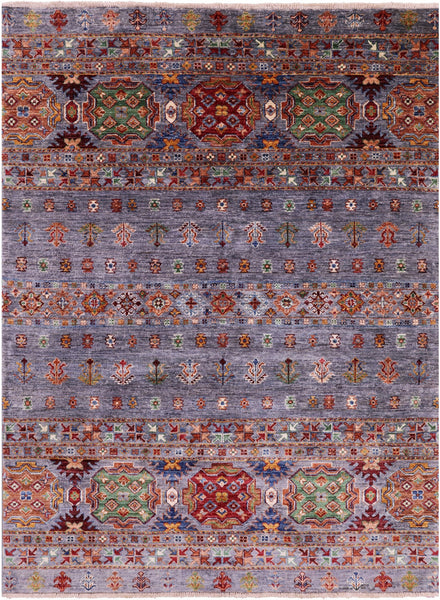 Grey Khorjin Persian Gabbeh Hand Knotted Wool Rug - 5' 0" X 6' 7" - Golden Nile