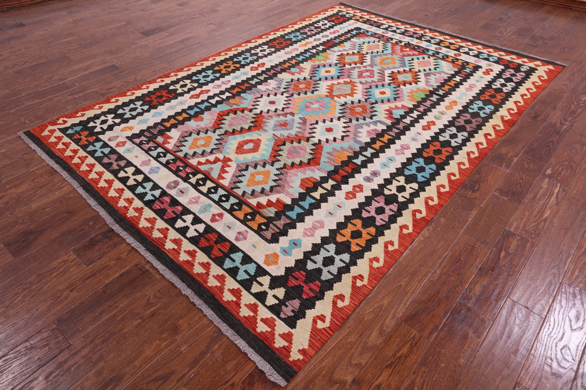 Reversible Kilim Flat Weave Wool On Wool Rug - 6' 7" X 9' 9" - Golden Nile