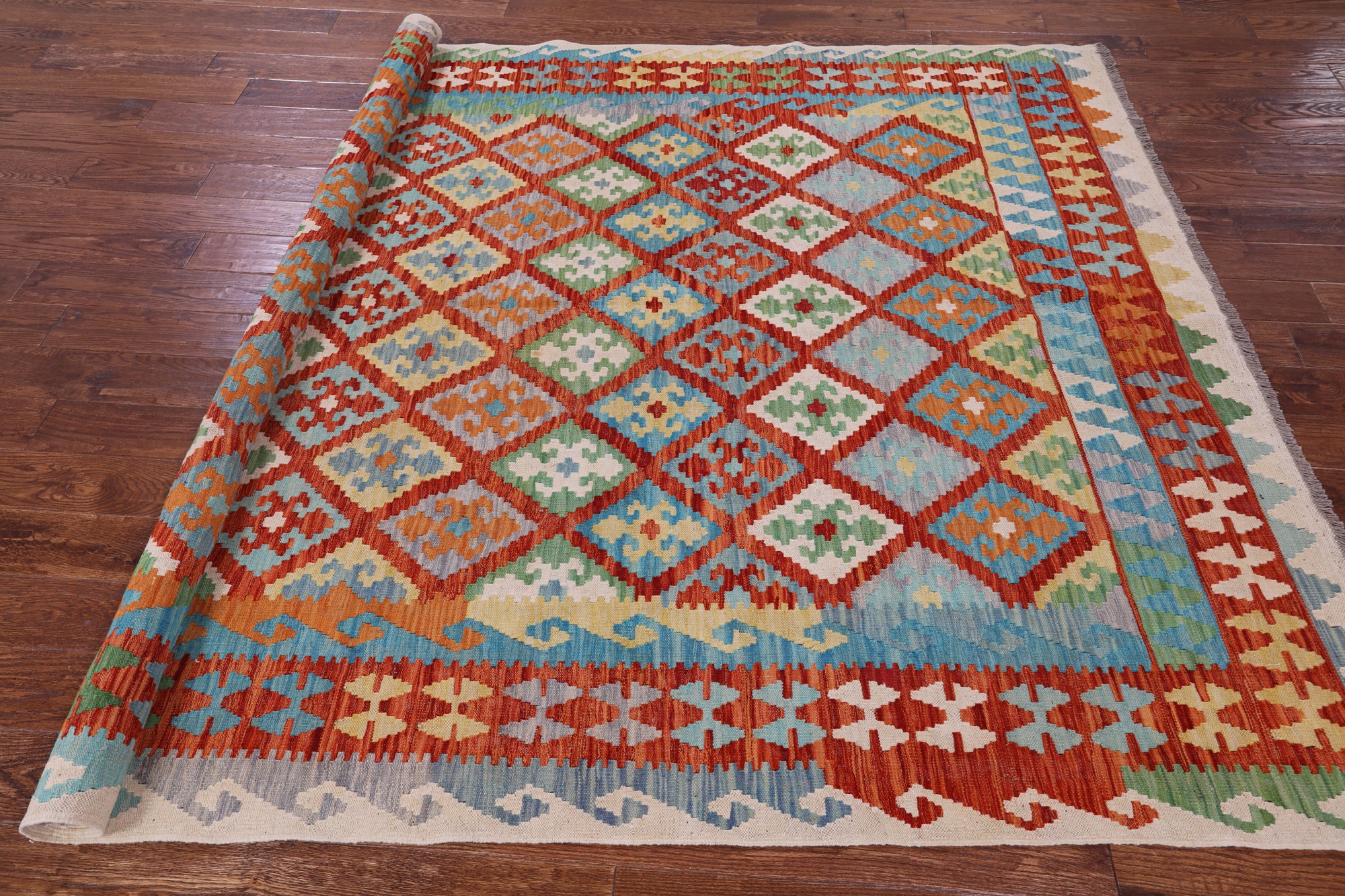 Reversible Kilim Flat Weave Wool On Wool Rug - 7' 0" X 9' 8" - Golden Nile