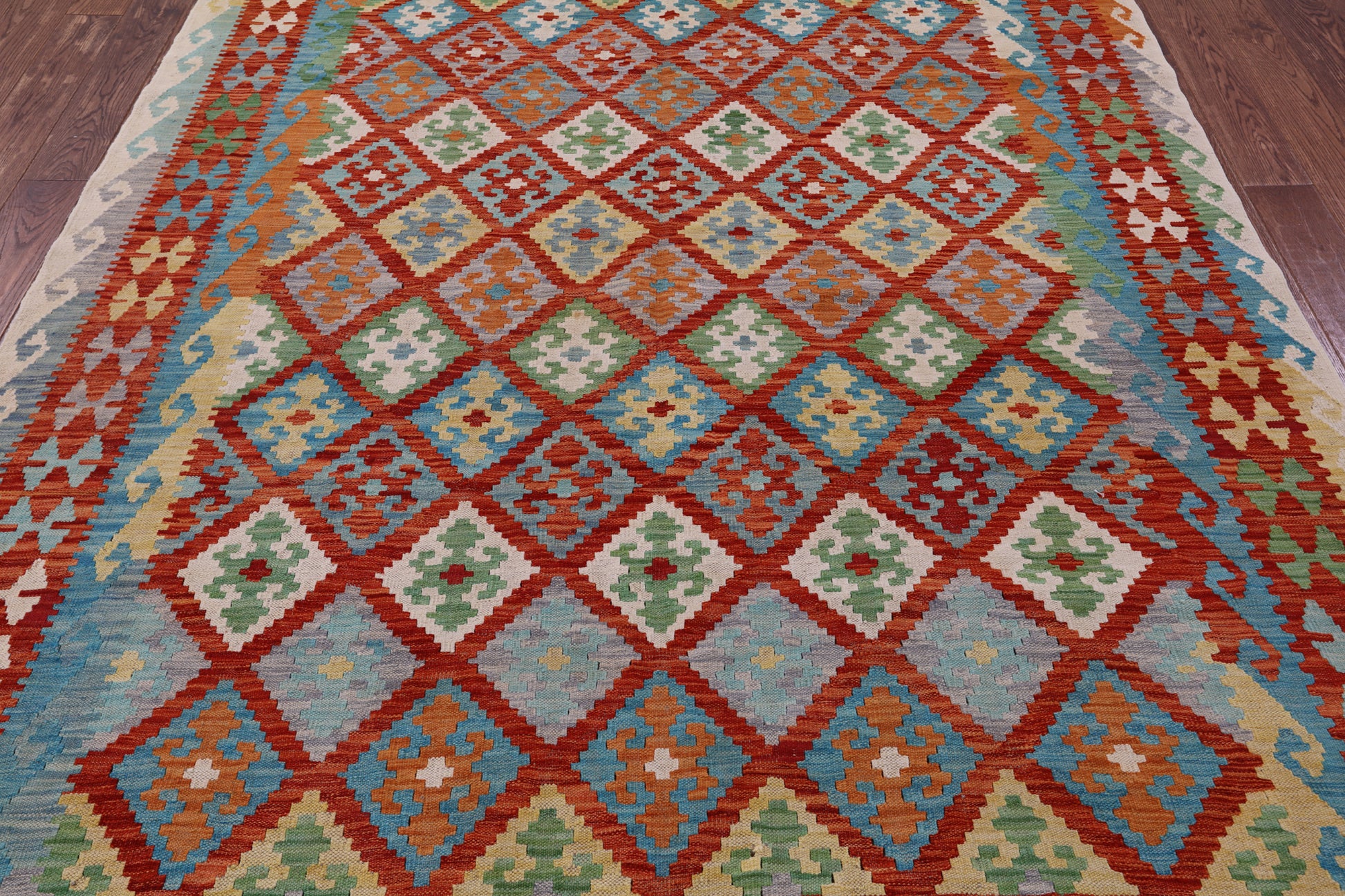 Reversible Kilim Flat Weave Wool On Wool Rug - 7' 0" X 9' 8" - Golden Nile
