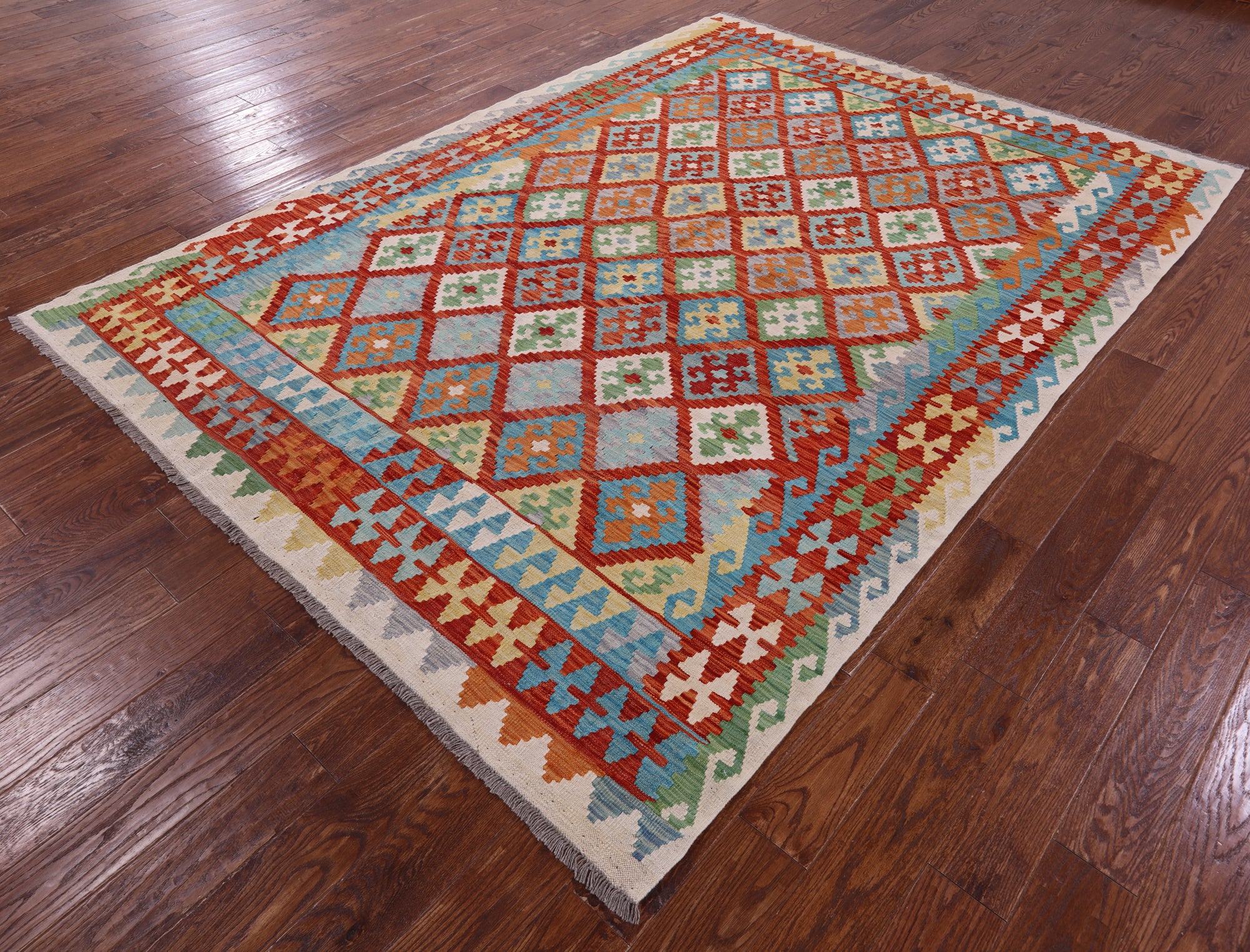 Reversible Kilim Flat Weave Wool On Wool Rug - 7' 0" X 9' 8" - Golden Nile