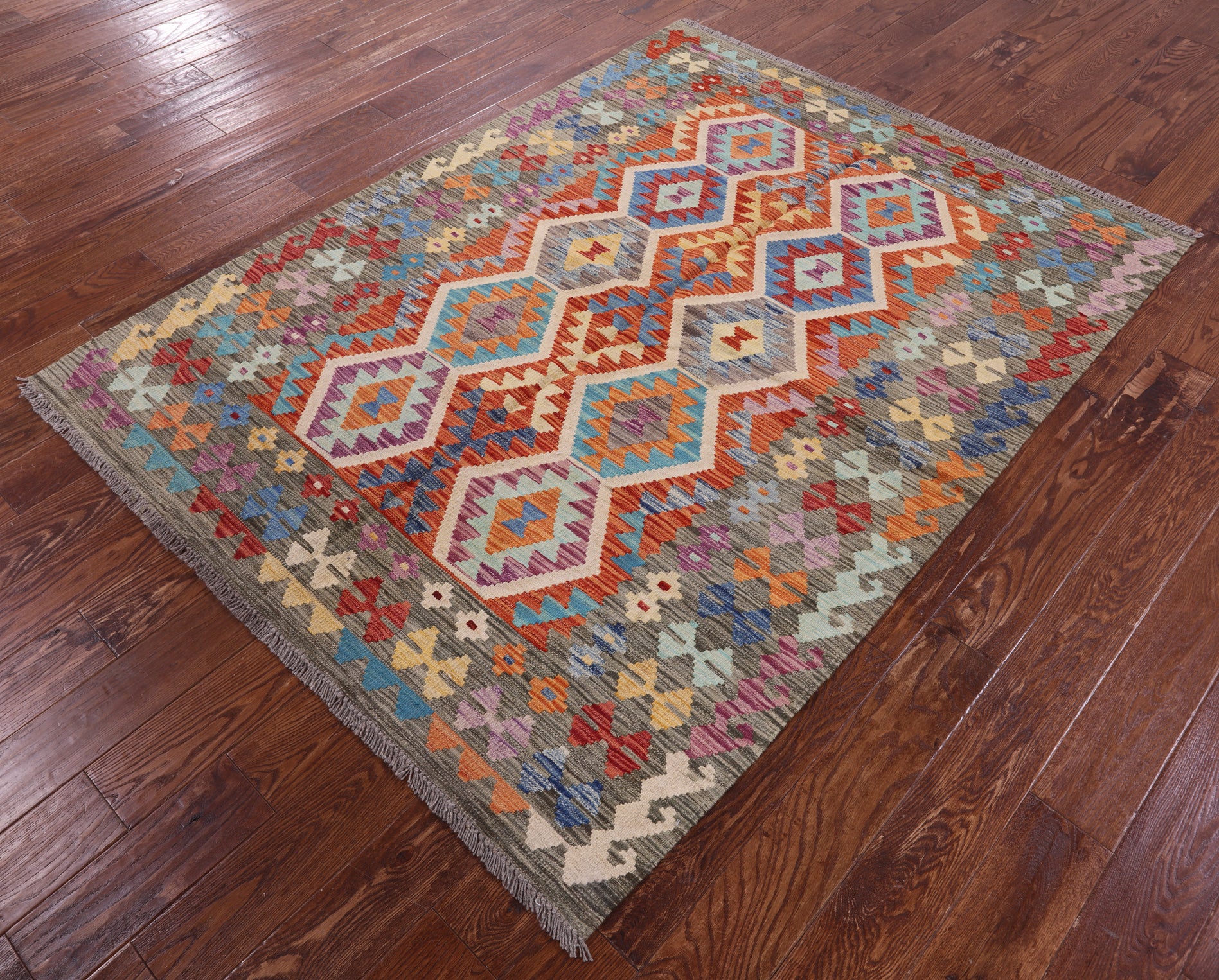 Reversible Kilim Flat Weave Wool On Wool Rug - 5' 0" X 6' 8" - Golden Nile