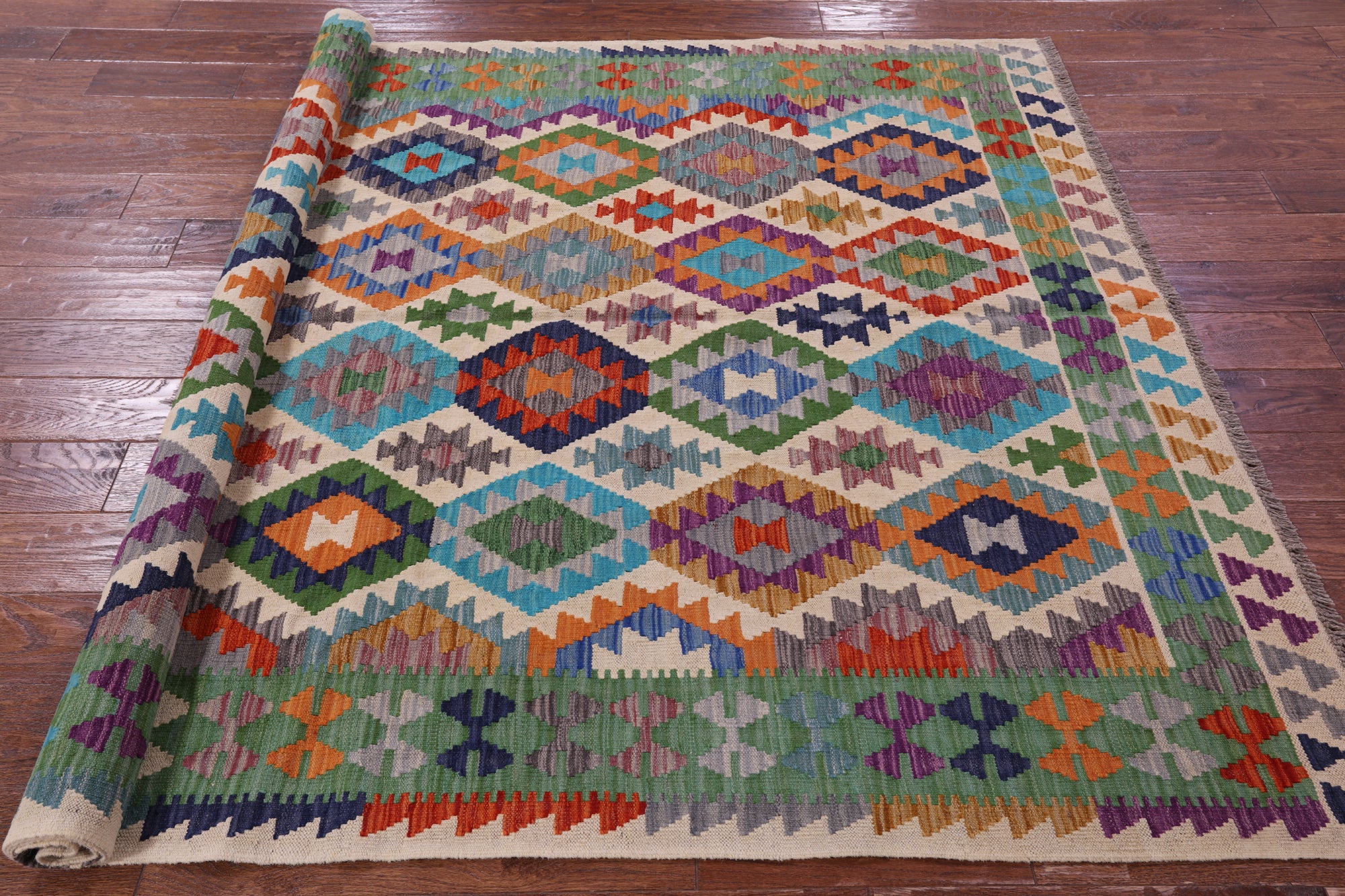 Reversible Kilim Flat Weave Wool On Wool Rug - 5' 7" X 7' 9" - Golden Nile