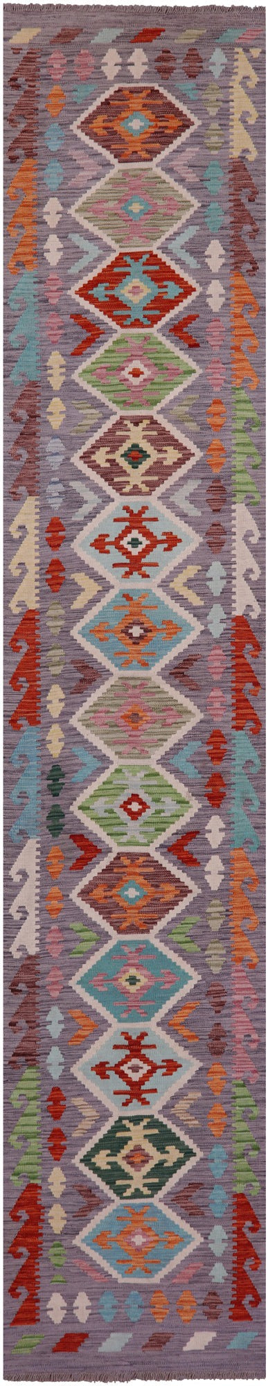 Reversible Kilim Flat Weave Wool On Wool Runner Rug - 2' 6" X 12' 8" - Golden Nile