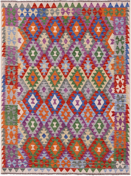 Reversible Kilim Flat Weave Wool On Wool Rug - 5' 10" X 7' 9" - Golden Nile