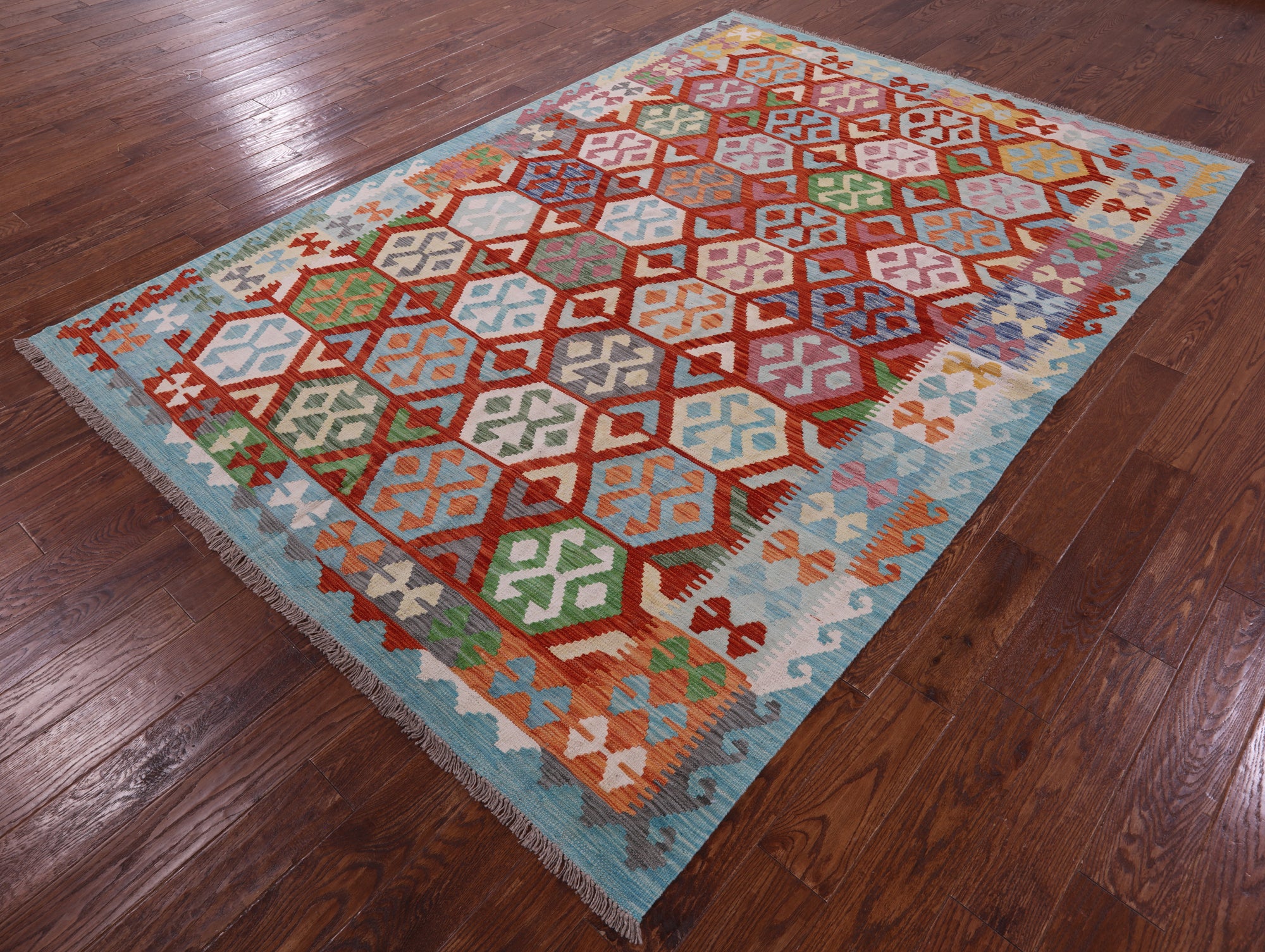 Reversible Kilim Flat Weave Wool On Wool Rug - 6' 10" X 9' 8" - Golden Nile