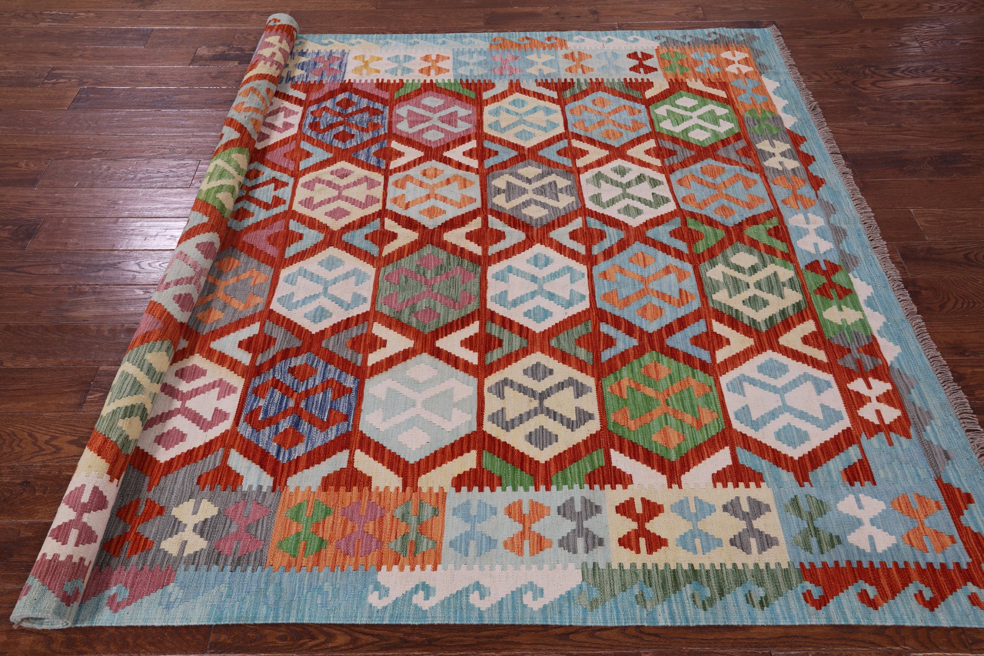 Reversible Kilim Flat Weave Wool On Wool Rug - 6' 10" X 9' 8" - Golden Nile