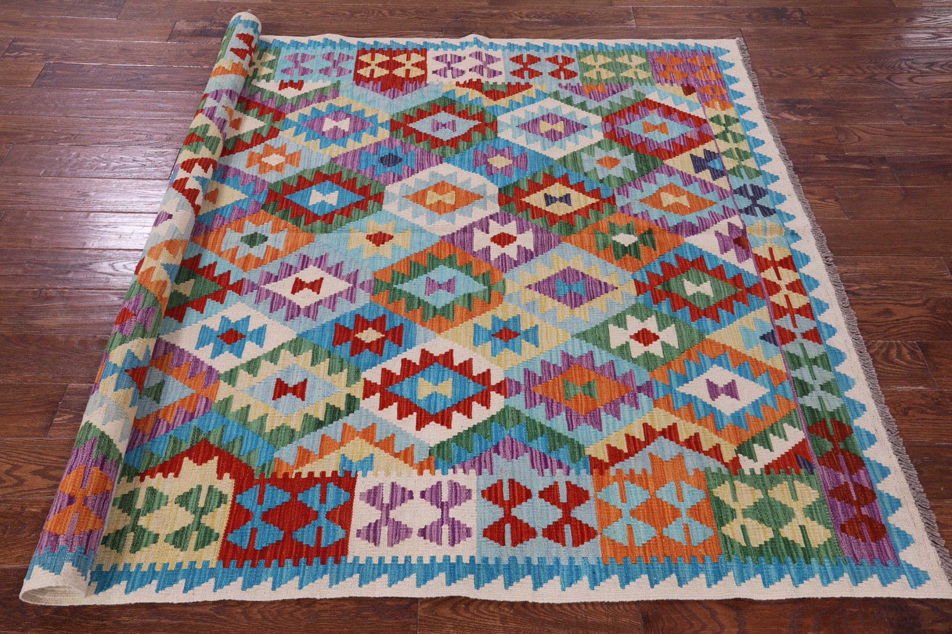 Reversible Kilim Flat Weave Wool On Wool Rug - 5' 9" X 7' 11" - Golden Nile