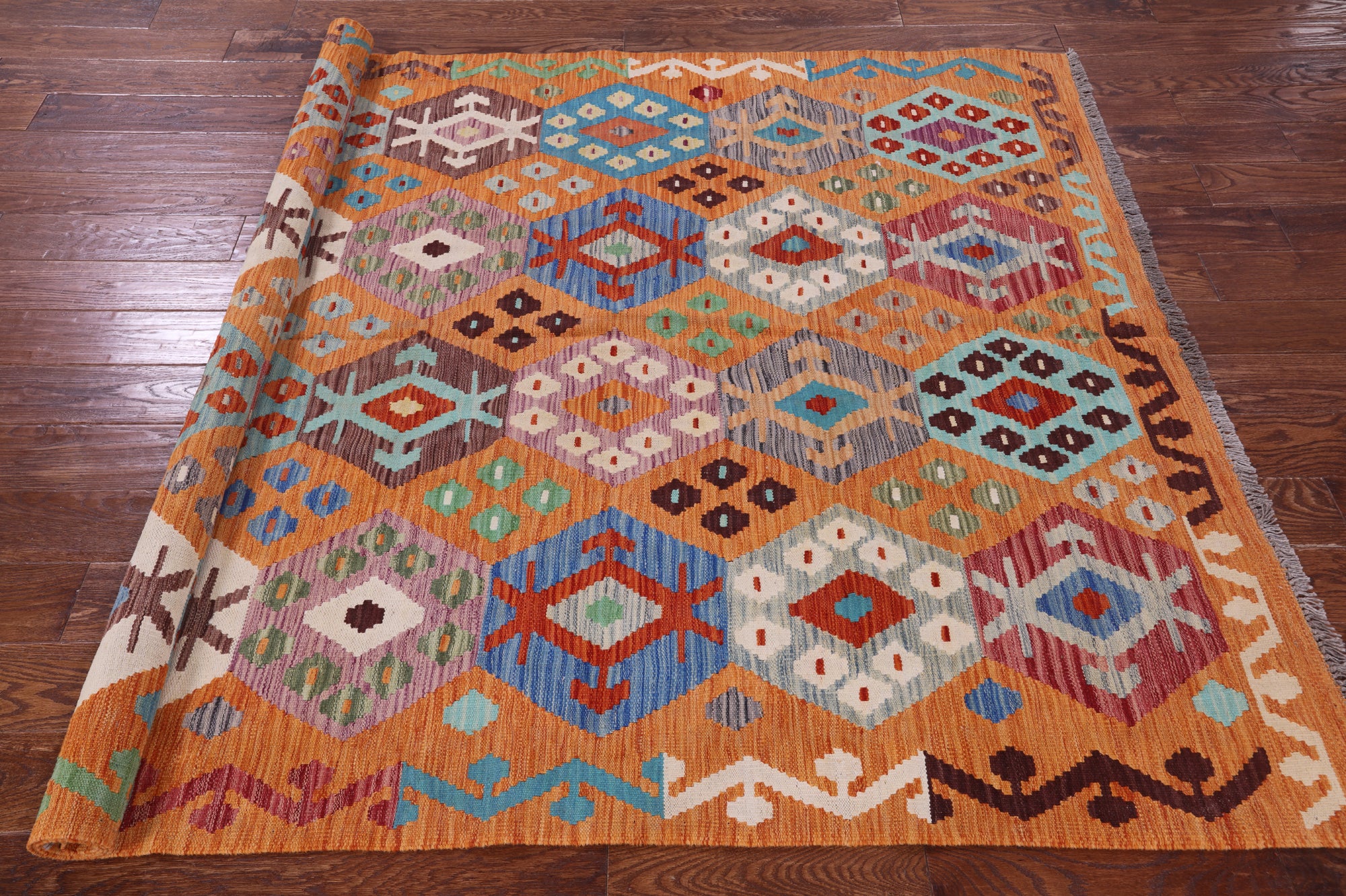 Reversible Kilim Flat Weave Wool On Wool Rug - 5' 9" X 8' 1" - Golden Nile