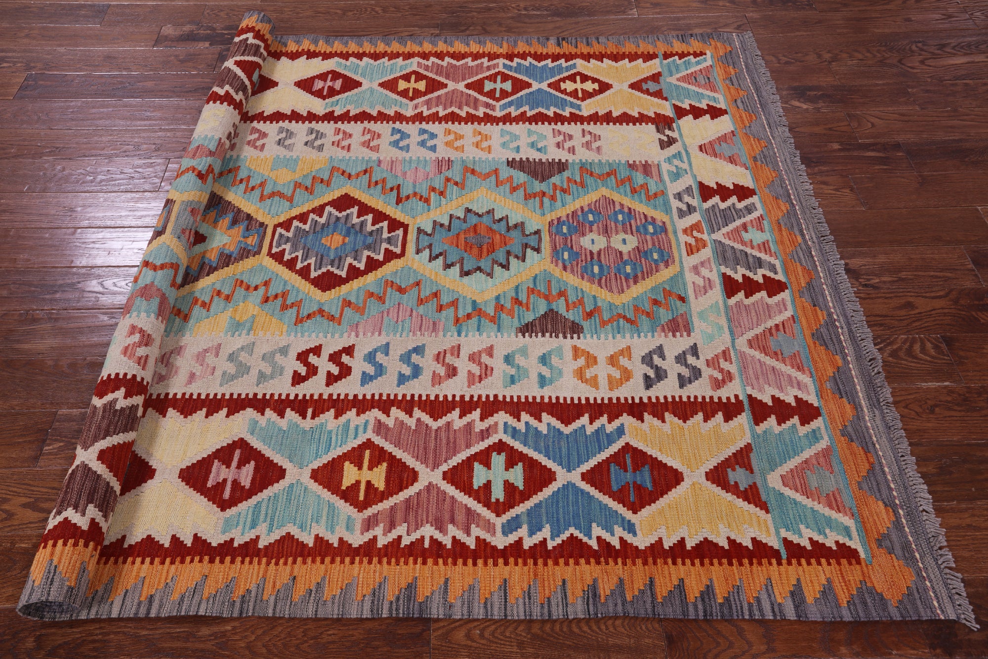 Reversible Kilim Flat Weave Wool On Wool Rug - 5' 8" X 8' 1" - Golden Nile