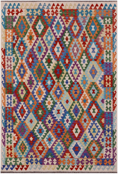 Reversible Kilim Flat Weave Wool On Wool Rug - 6' 7" X 9' 9" - Golden Nile