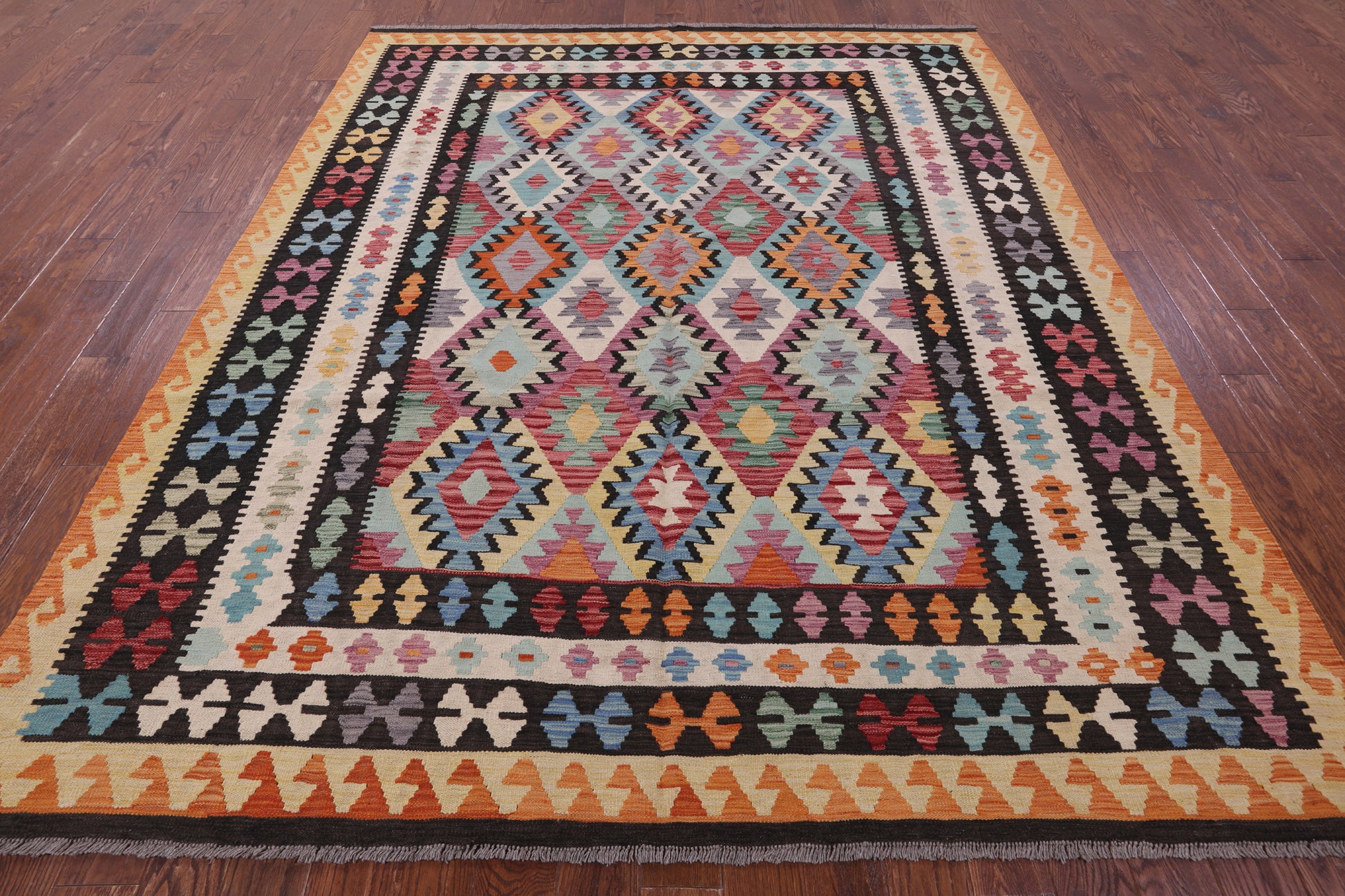 Reversible Kilim Flat Weave Wool On Wool Rug - 8' 2" X 9' 11" - Golden Nile
