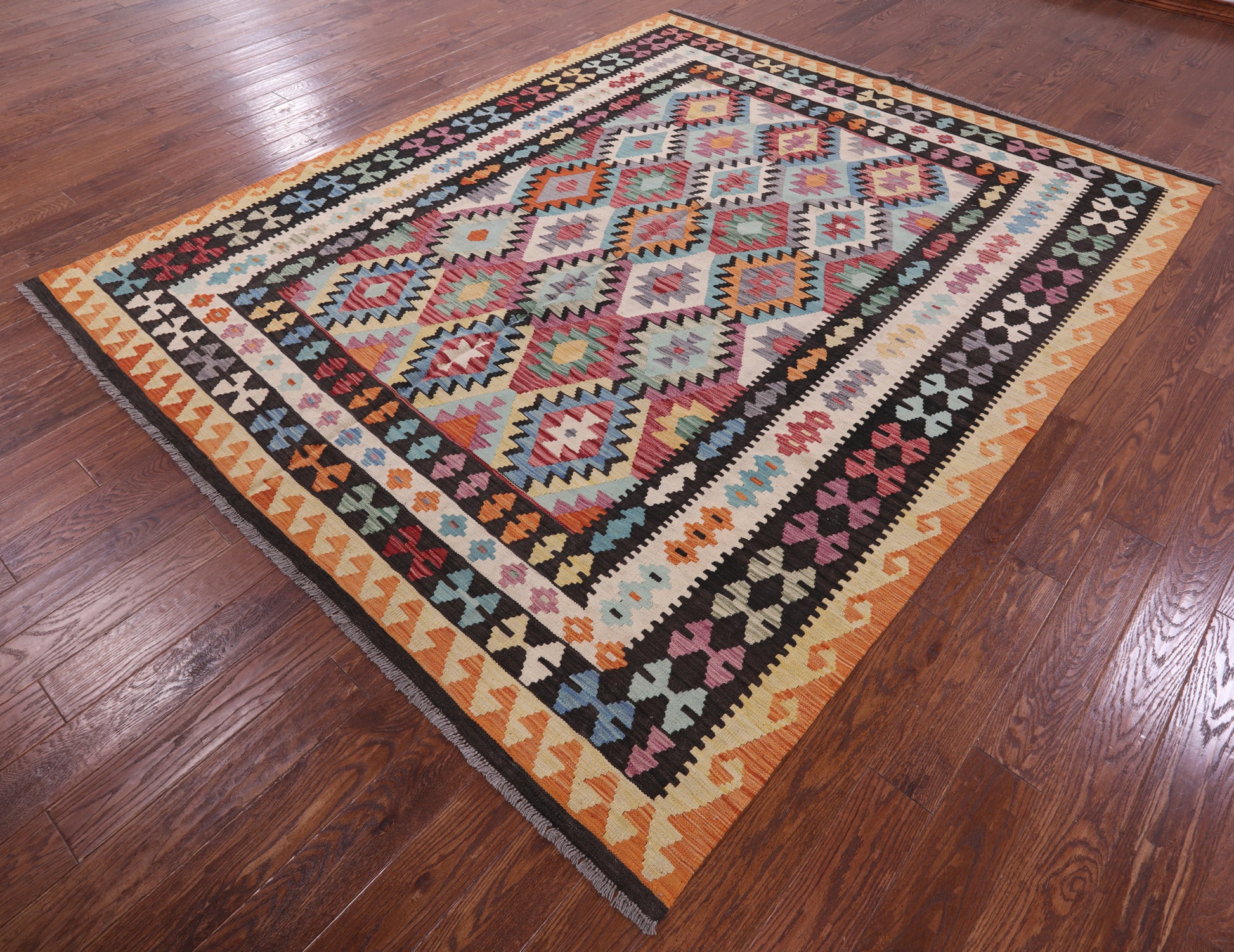 Reversible Kilim Flat Weave Wool On Wool Rug - 8' 2" X 9' 11" - Golden Nile