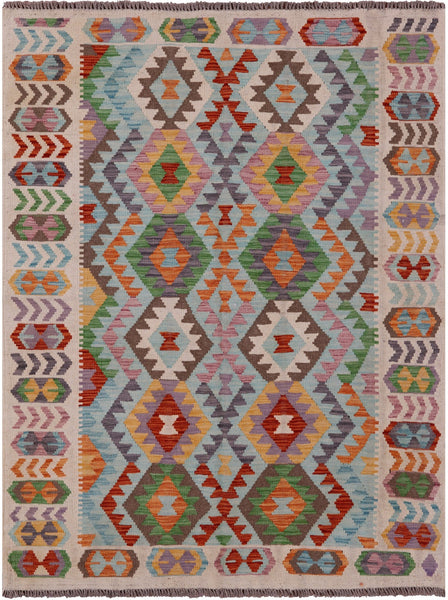 Reversible Kilim Flat Weave Wool On Wool Rug - 5' 0" X 6' 6" - Golden Nile
