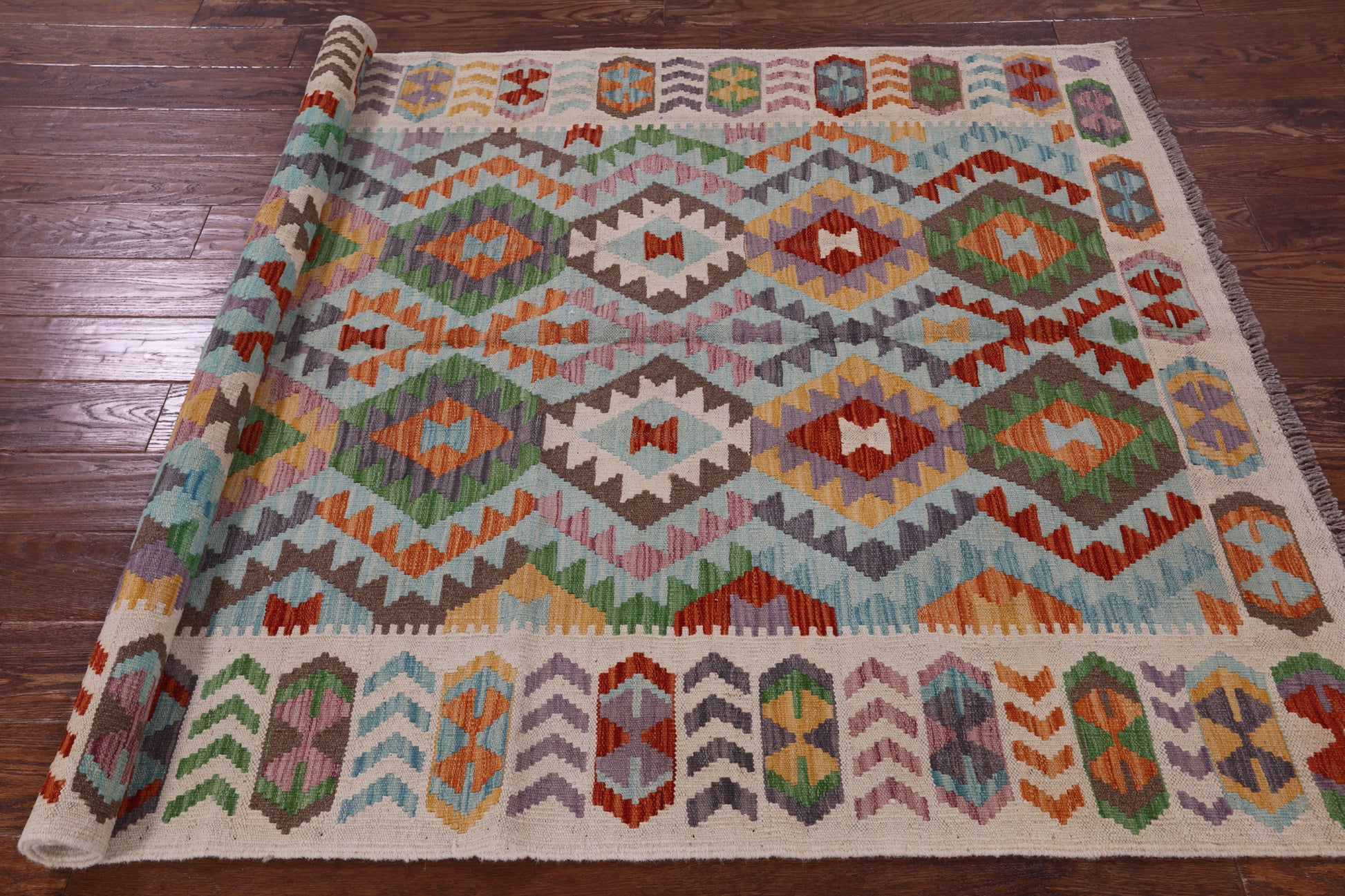 Reversible Kilim Flat Weave Wool On Wool Rug - 5' 0" X 6' 6" - Golden Nile