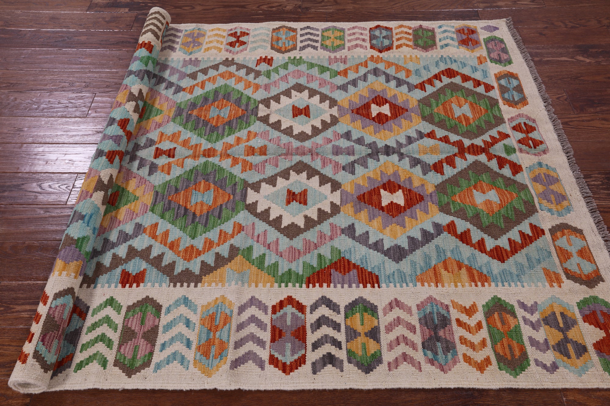 Reversible Kilim Flat Weave Wool On Wool Rug - 5' 0" X 6' 6" - Golden Nile