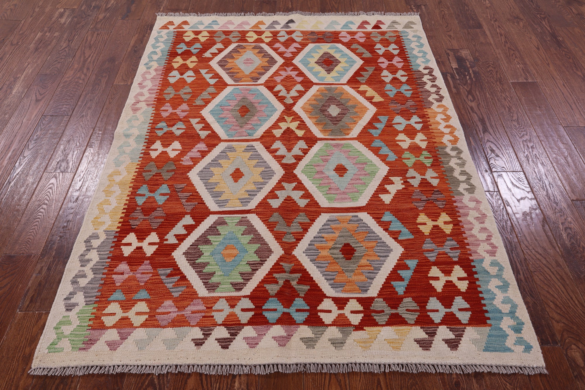 Reversible Kilim Flat Weave Wool On Wool Rug - 5' 0" X 6' 8" - Golden Nile