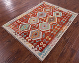 Reversible Kilim Flat Weave Wool On Wool Rug - 5' 0" X 6' 8" - Golden Nile