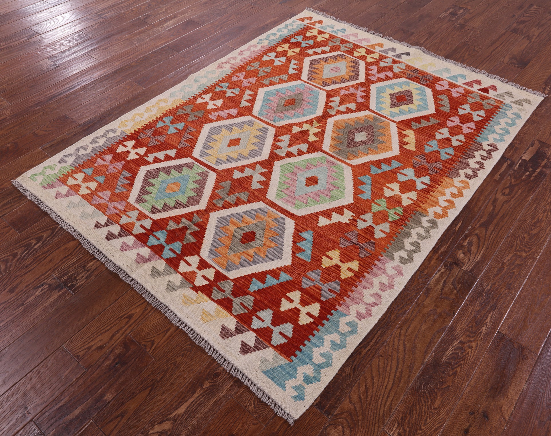 Reversible Kilim Flat Weave Wool On Wool Rug - 5' 0" X 6' 8" - Golden Nile