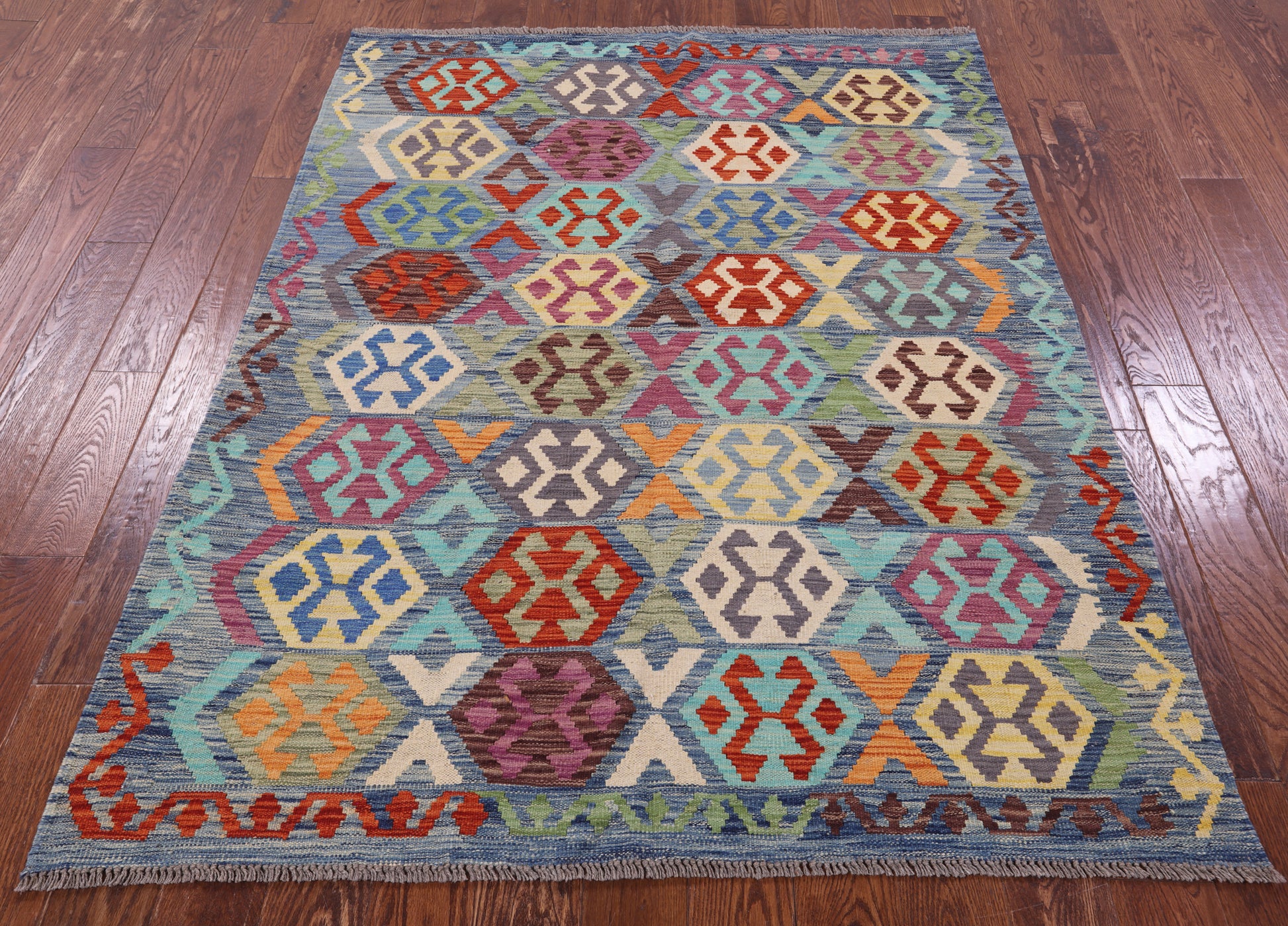 Reversible Kilim Flat Weave Wool On Wool Rug - 5' 0" X 6' 5" - Golden Nile