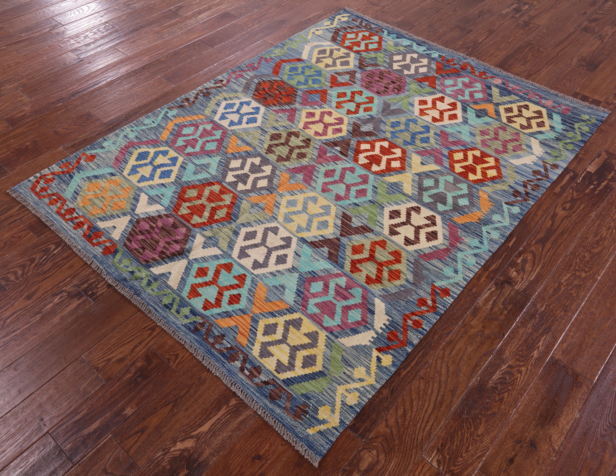 Reversible Kilim Flat Weave Wool On Wool Rug - 5' 0" X 6' 5" - Golden Nile