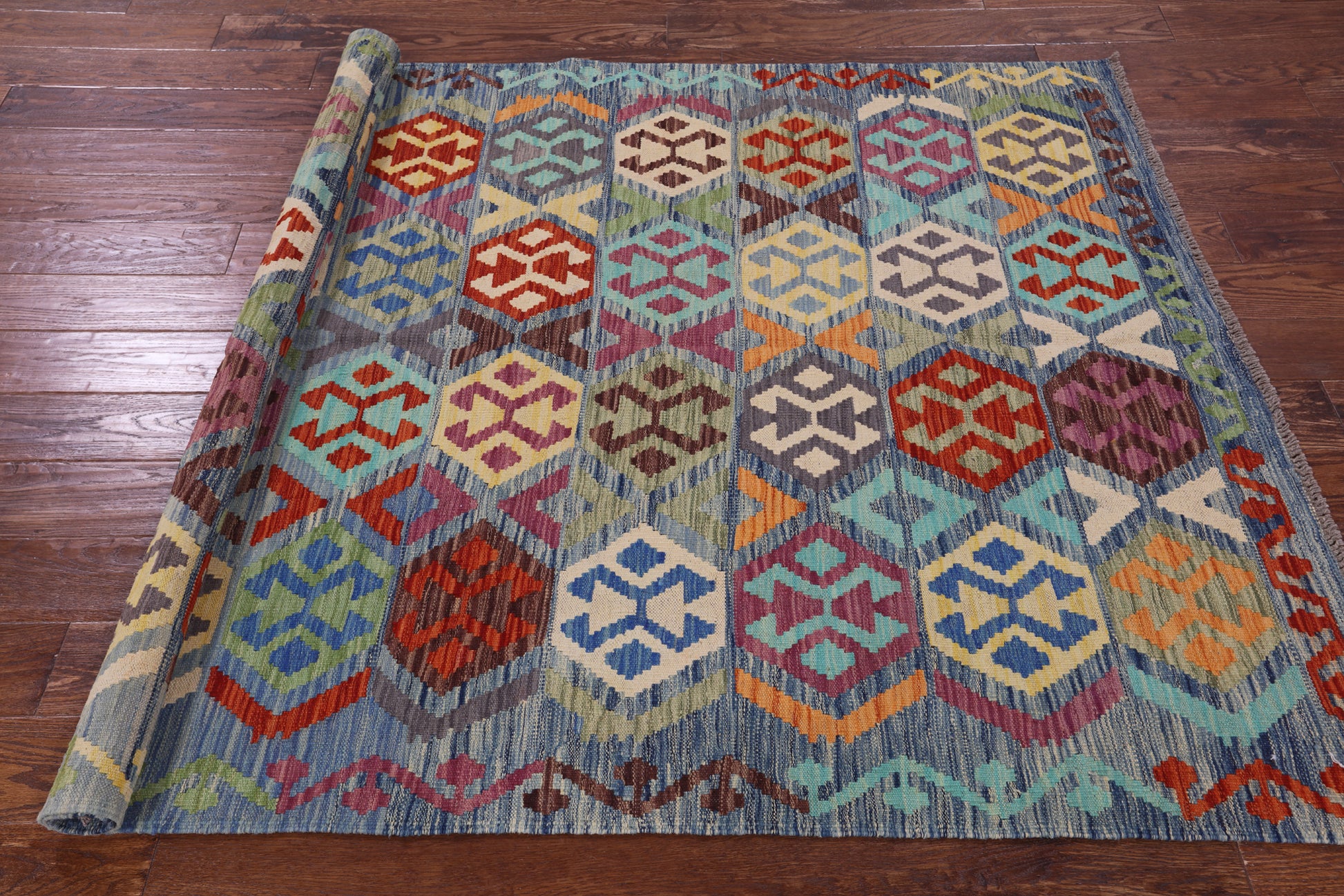 Reversible Kilim Flat Weave Wool On Wool Rug - 5' 0" X 6' 5" - Golden Nile