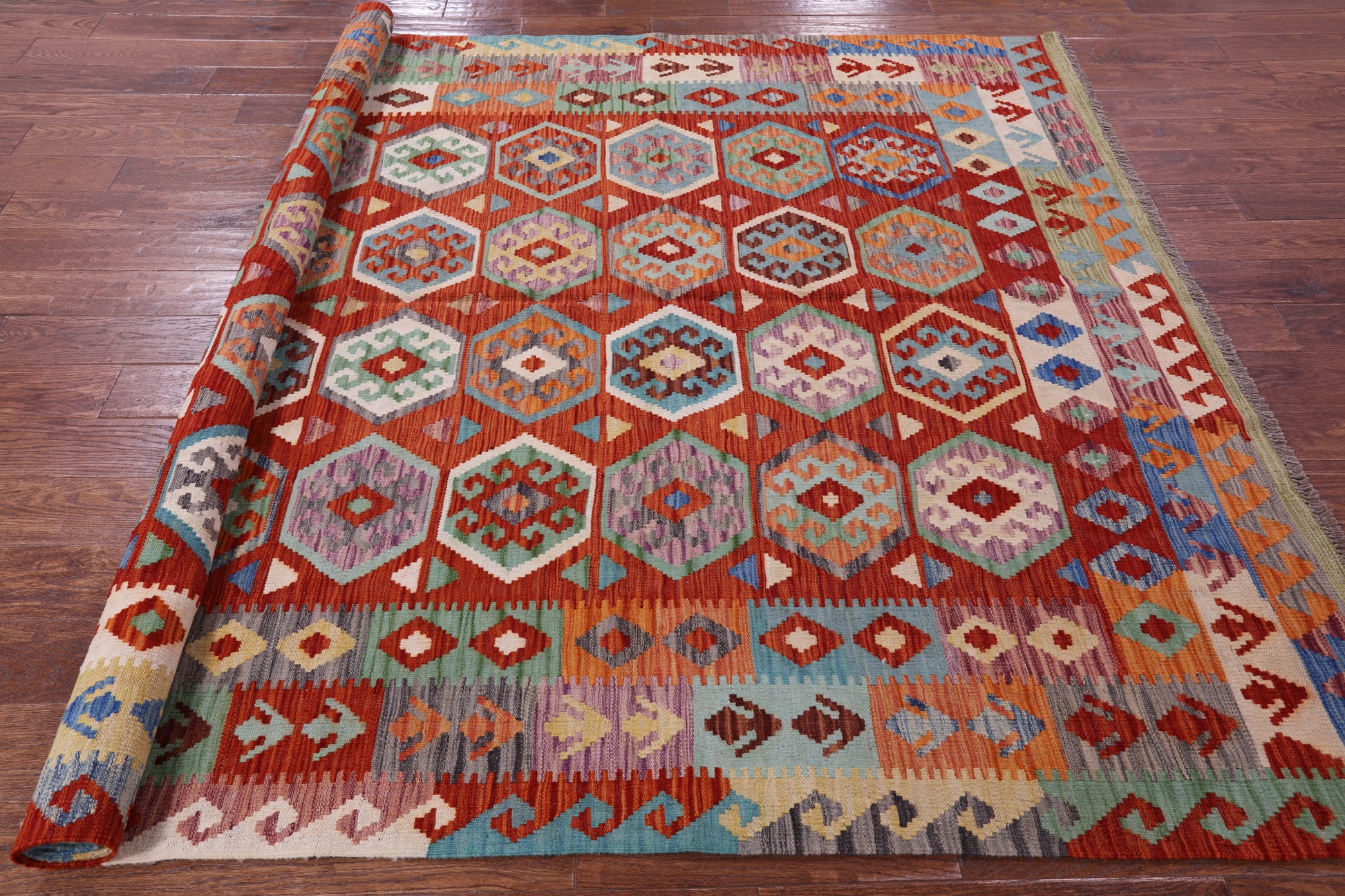Reversible Kilim Flat Weave Wool On Wool Rug - 6' 8" X 9' 7" - Golden Nile