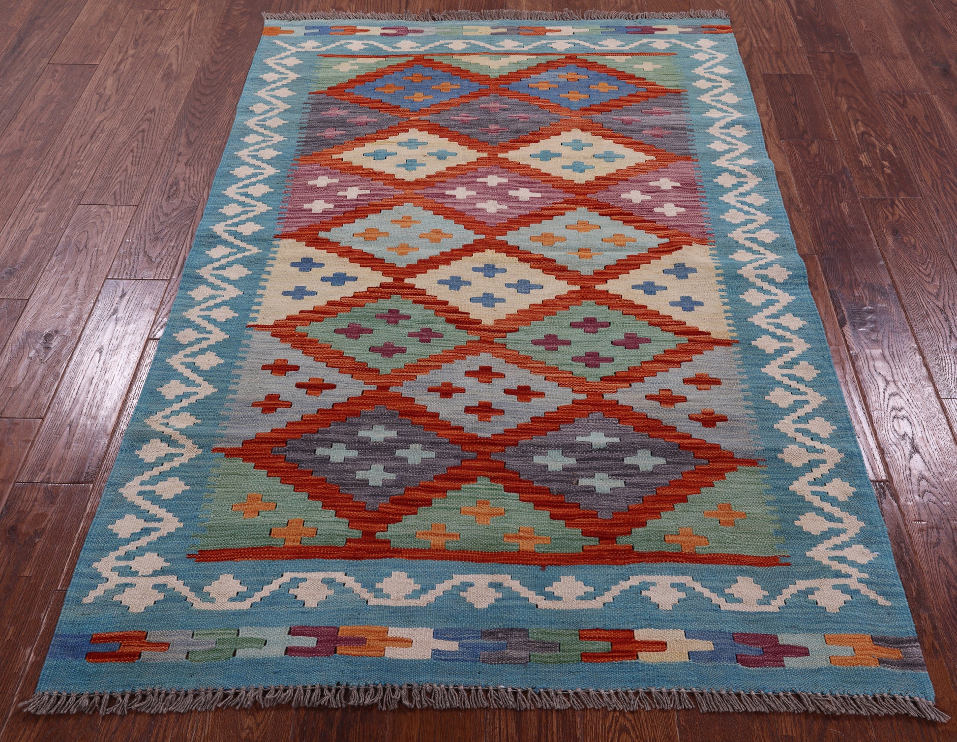 Reversible Kilim Flat Weave Wool On Wool Rug - 4' 0" X 5' 10" - Golden Nile