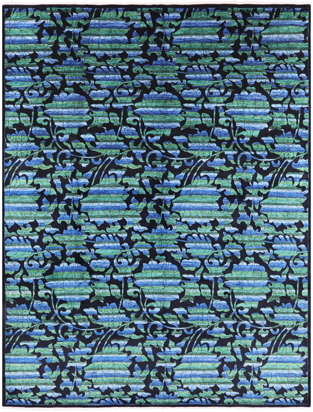 Black William Morris Rose Garden Hand Knotted Wool Area Rug - 9' 1" X 12' 3" - Golden Nile